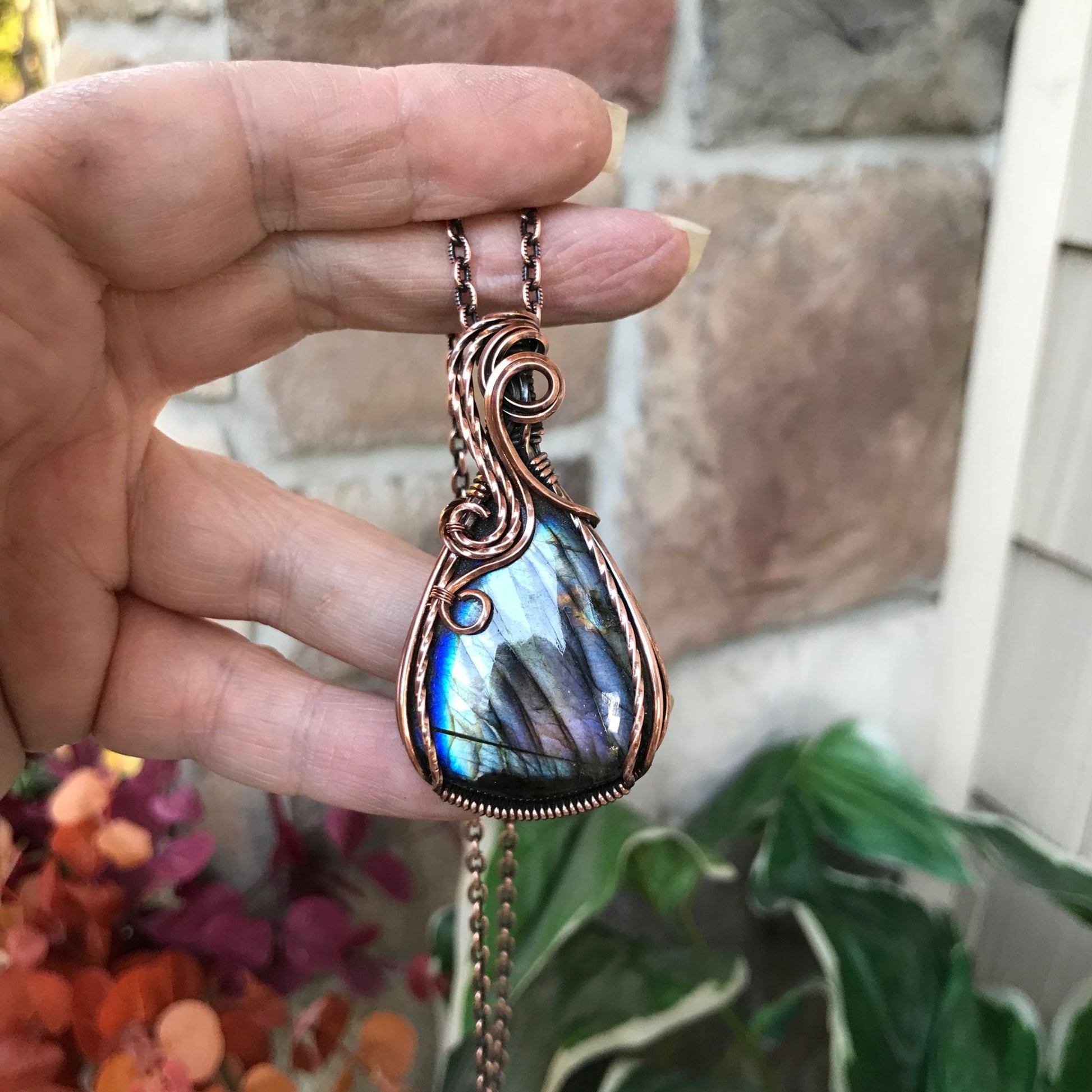 silver blue purple labradorite teardrop swirly copper pendant