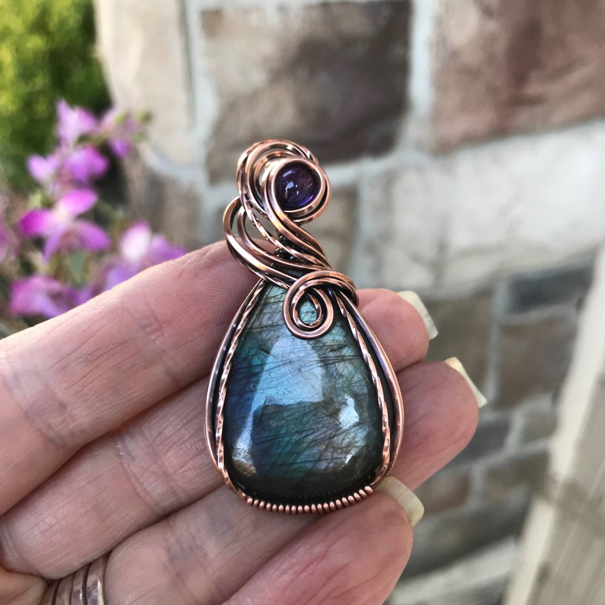 Smoky Blue Silver Labradorite & Amethyst Copper Pendant