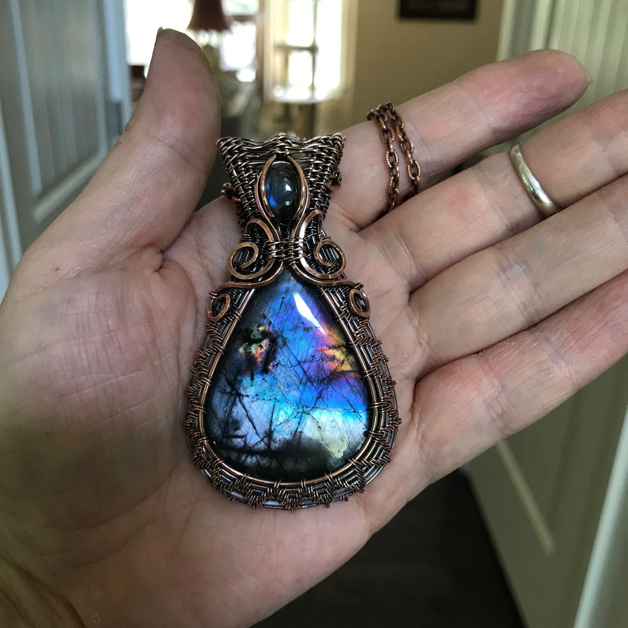 Blue Rainbow Labradorite Woven Pendant