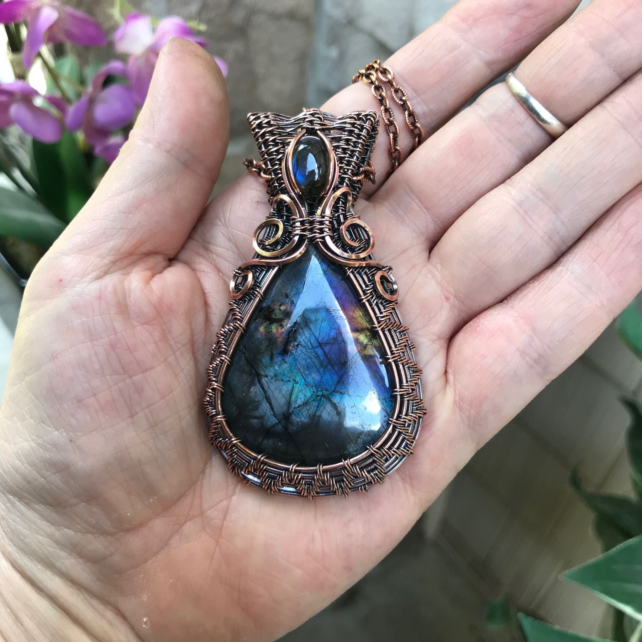 Blue Rainbow Labradorite Woven Pendant