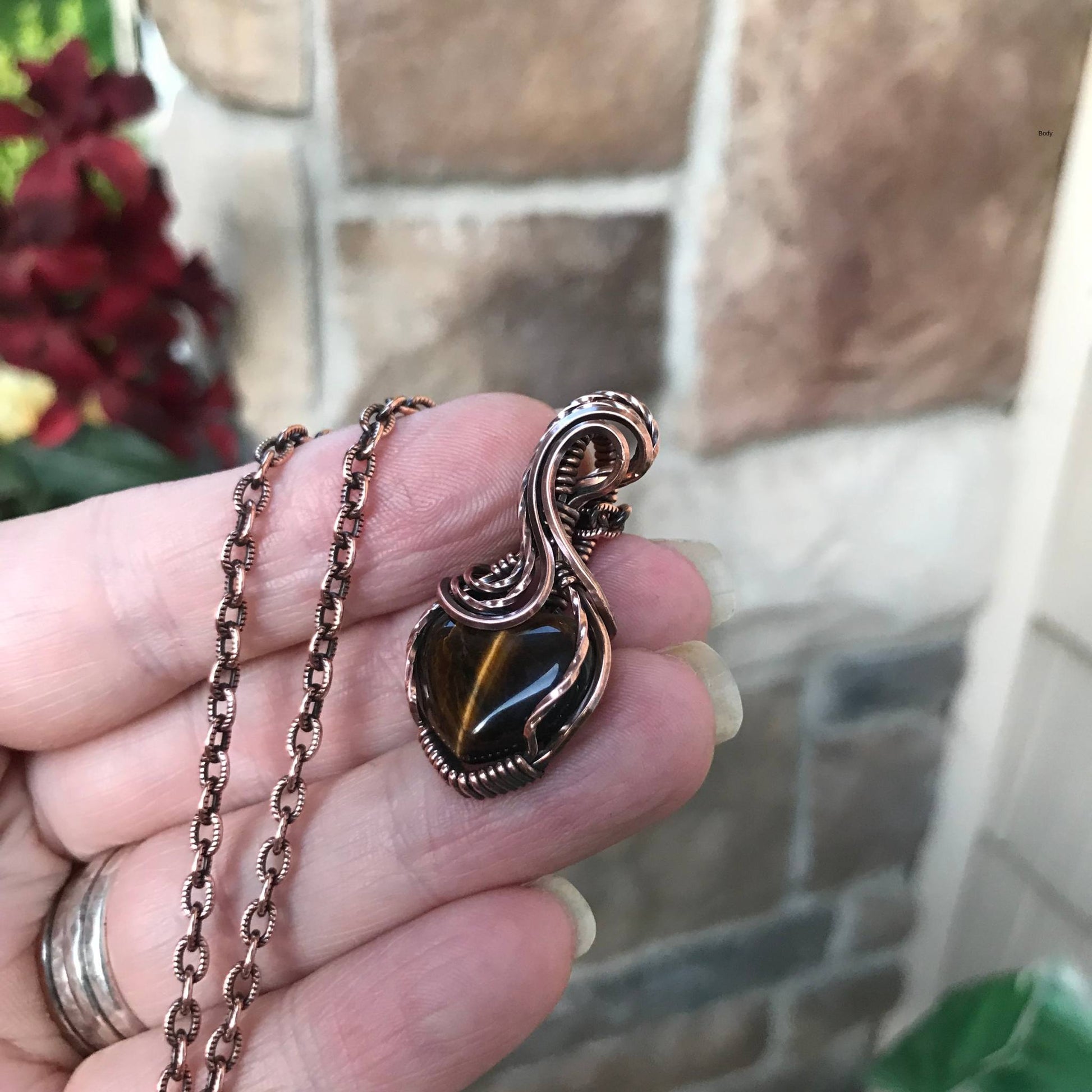 Brown tiger eye heart copper wire wrapped pendant necklace by Moonlet Jewelry