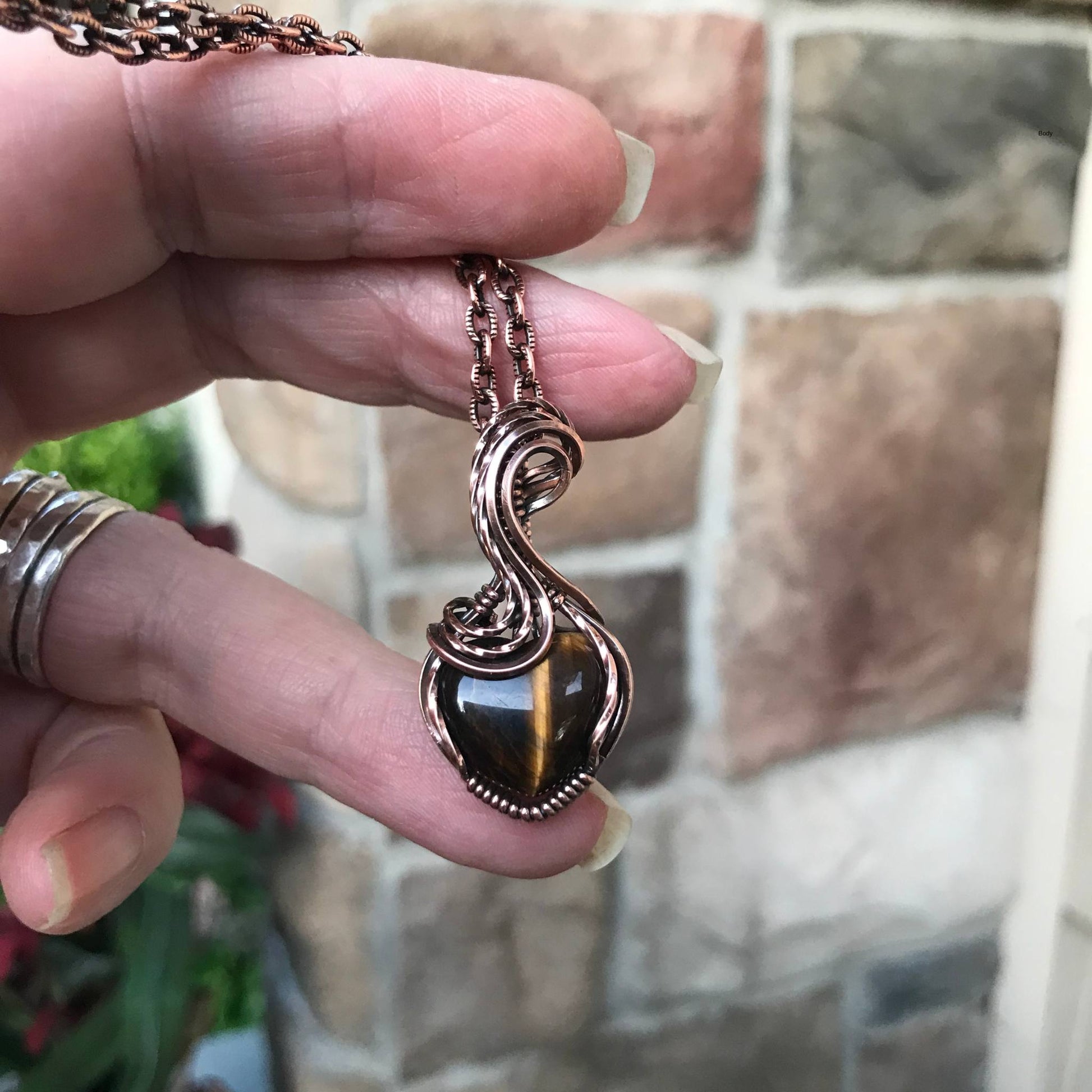 Brown tiger eye heart copper wire wrapped pendant necklace by Moonlet Jewelry