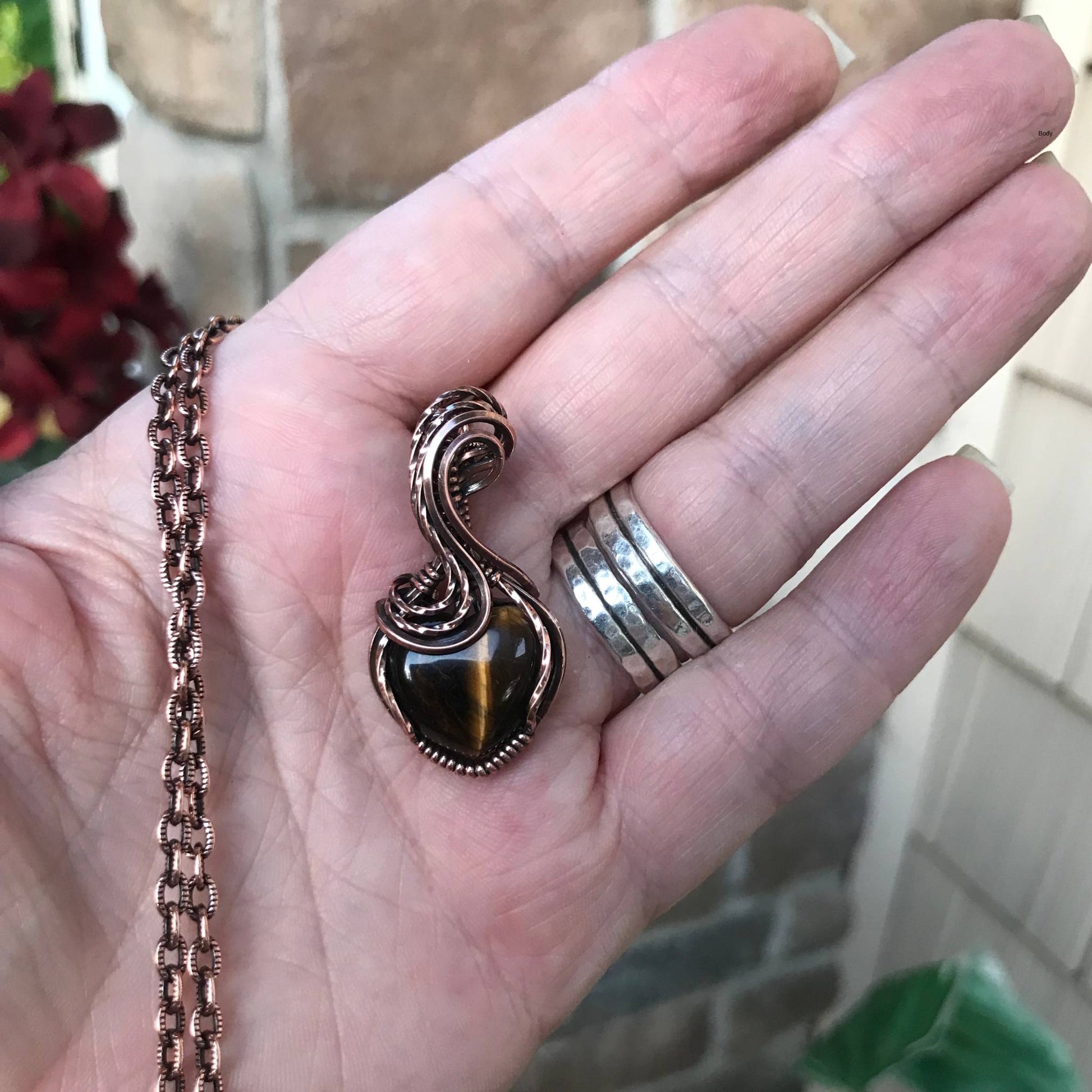 Brown tiger eye heart copper wire wrapped pendant necklace by Moonlet Jewelry