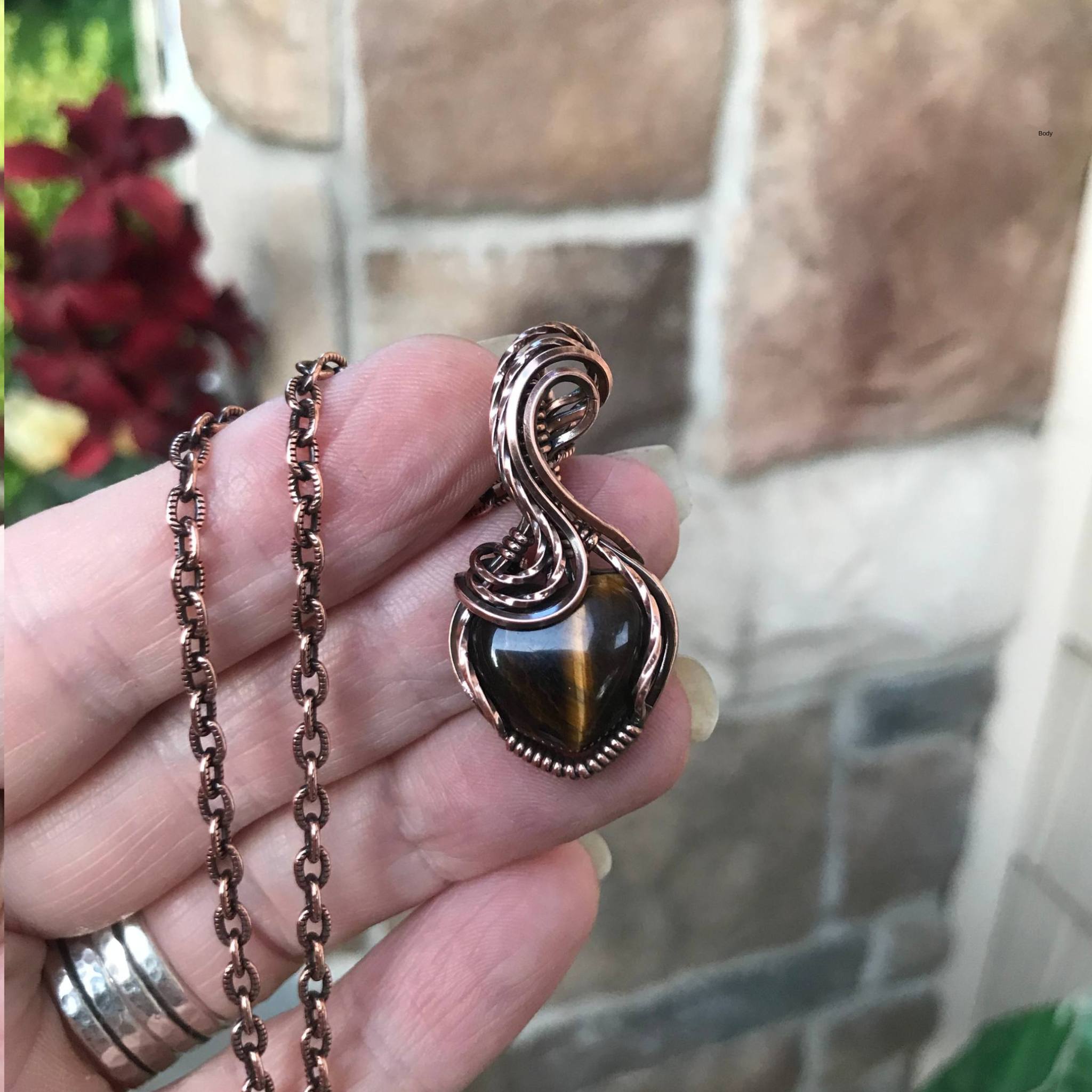 Brown tiger eye heart copper wire wrapped pendant necklace by Moonlet Jewelry