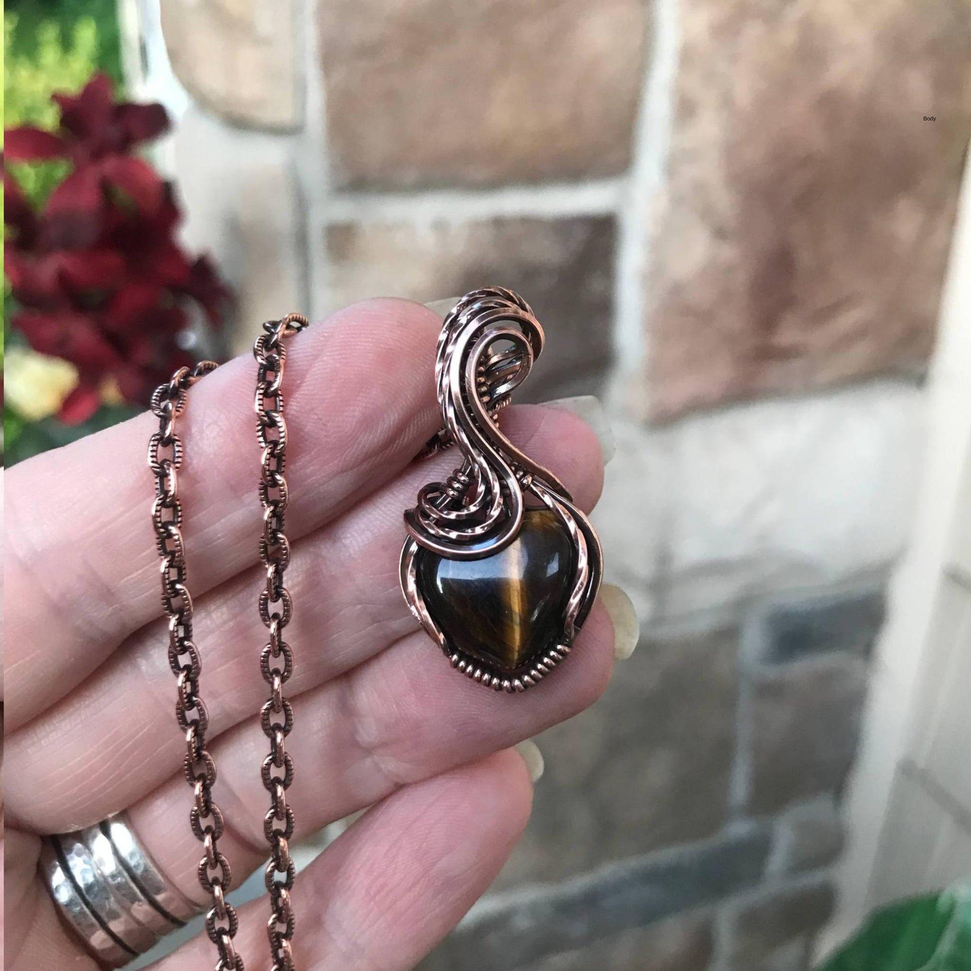 Brown tiger eye heart copper wire wrapped pendant necklace by Moonlet Jewelry