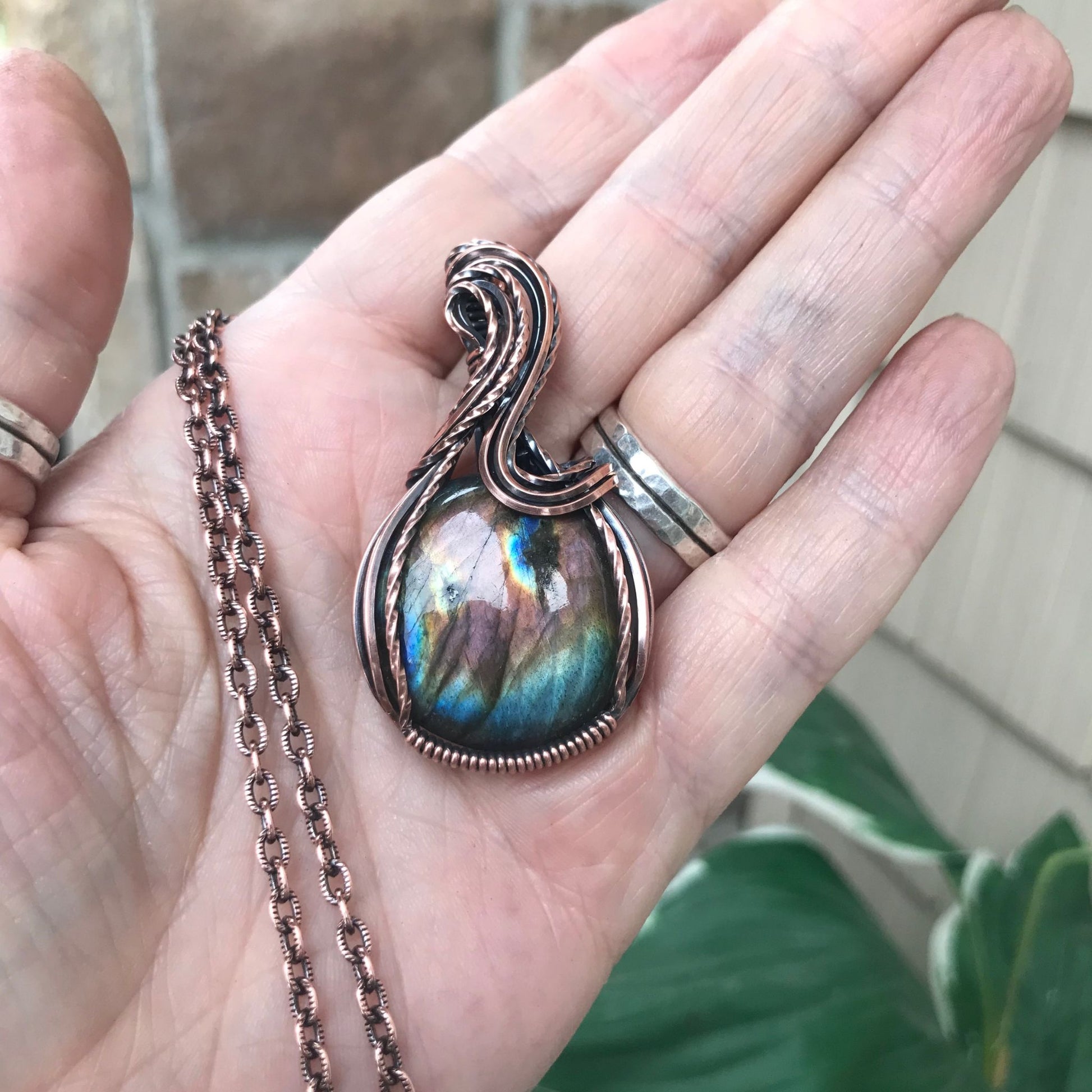 Rainbow Labradorite Copper Pendant with S-shaped Design