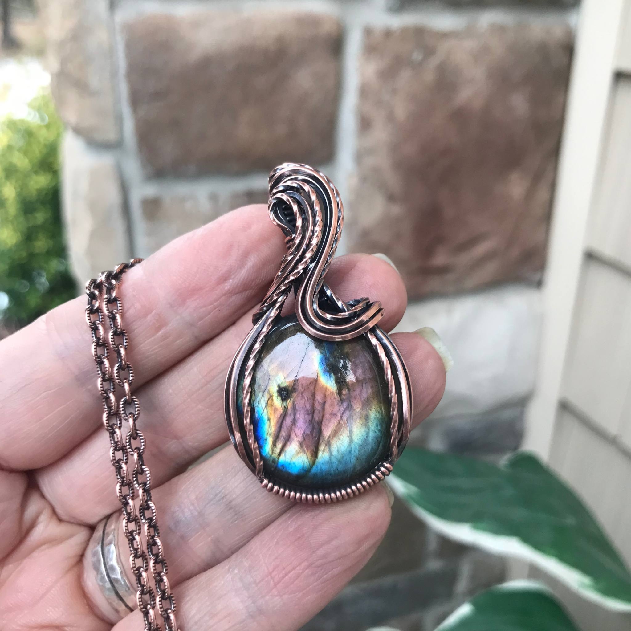 Rainbow Labradorite Copper Pendant with S-shaped Design