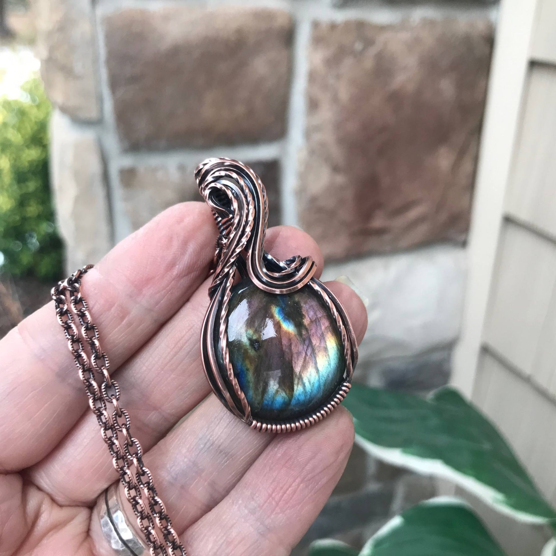 Rainbow Labradorite Copper Pendant with S-shaped Design