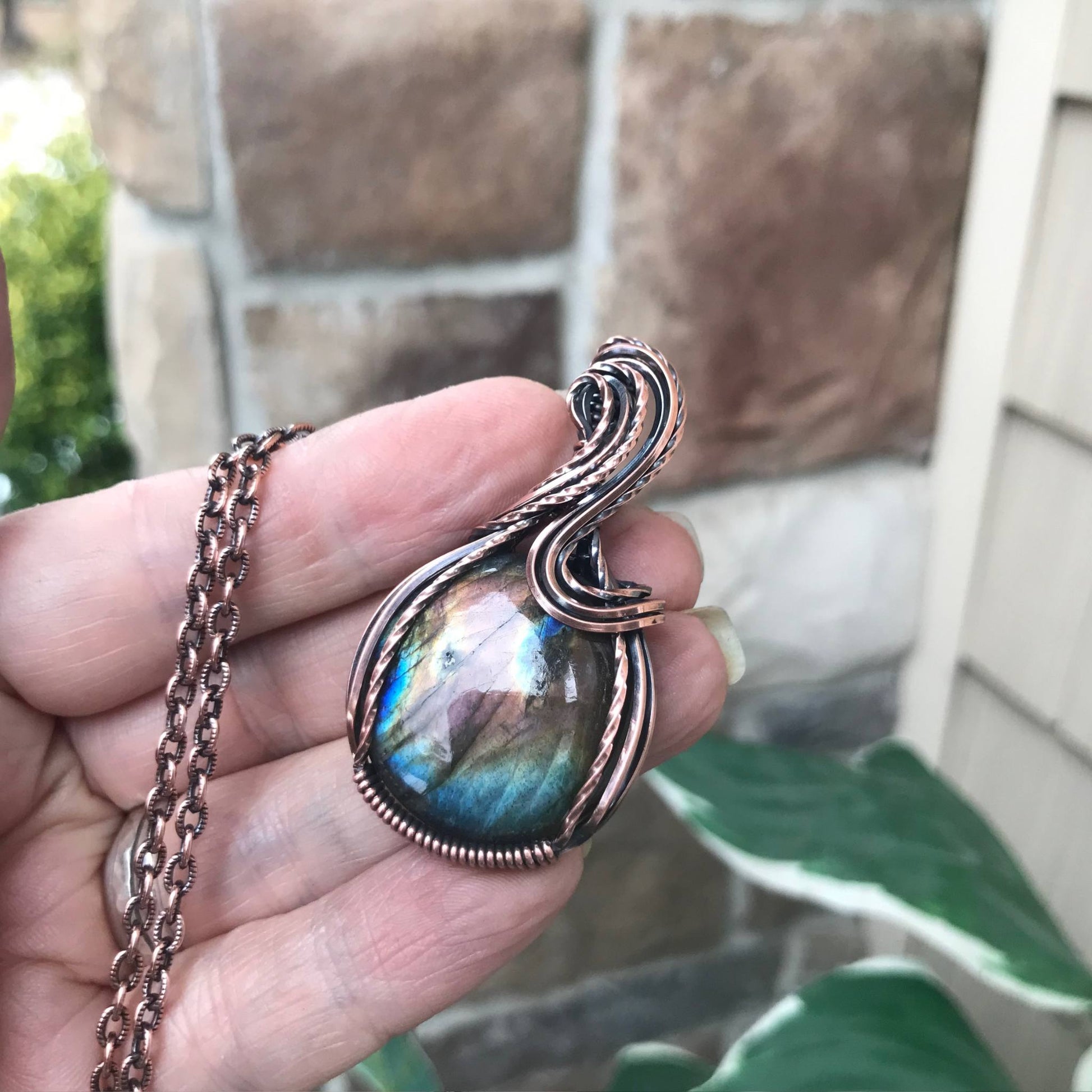 Rainbow Labradorite Copper Pendant with S-shaped Design