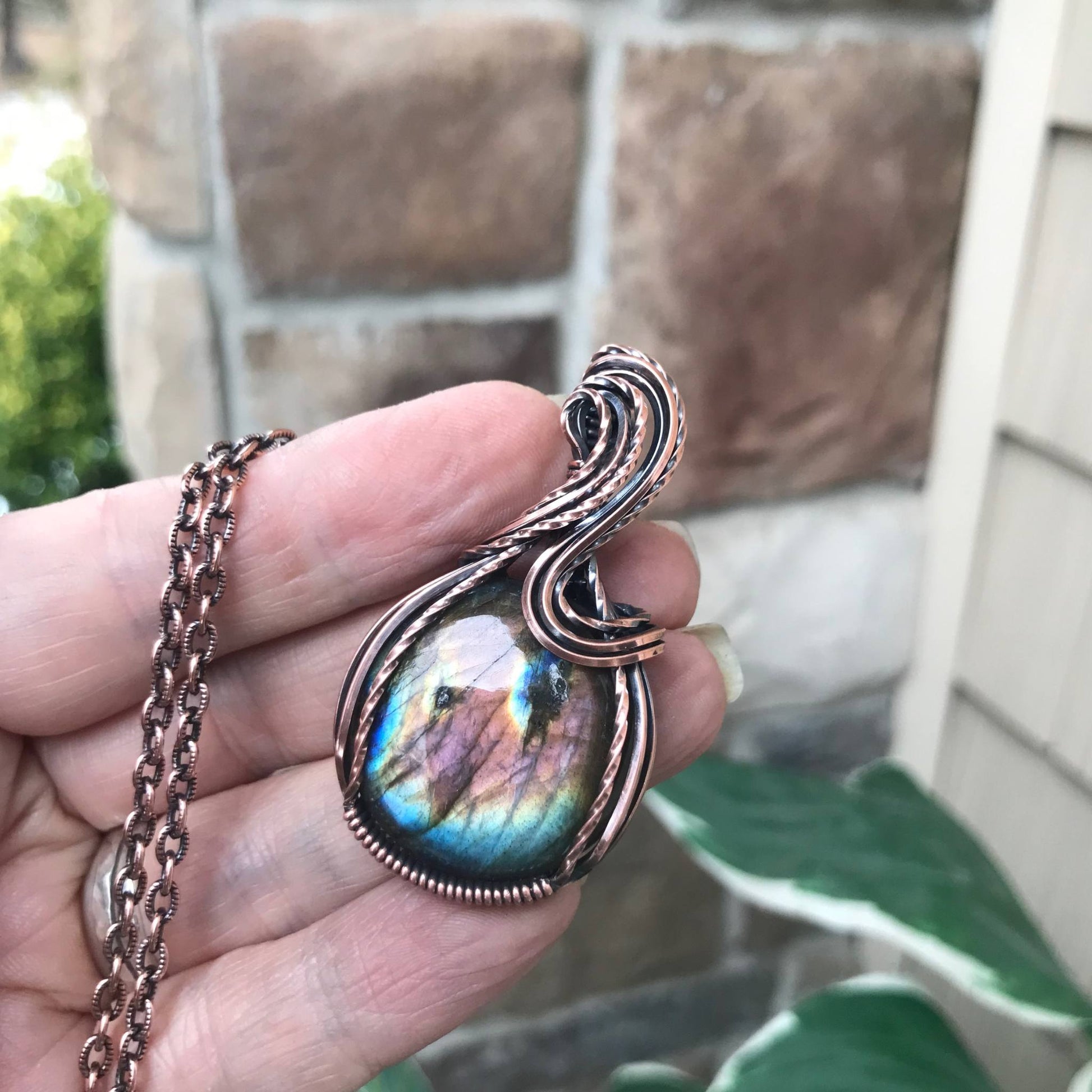 Rainbow Labradorite Copper Pendant with S-shaped Design