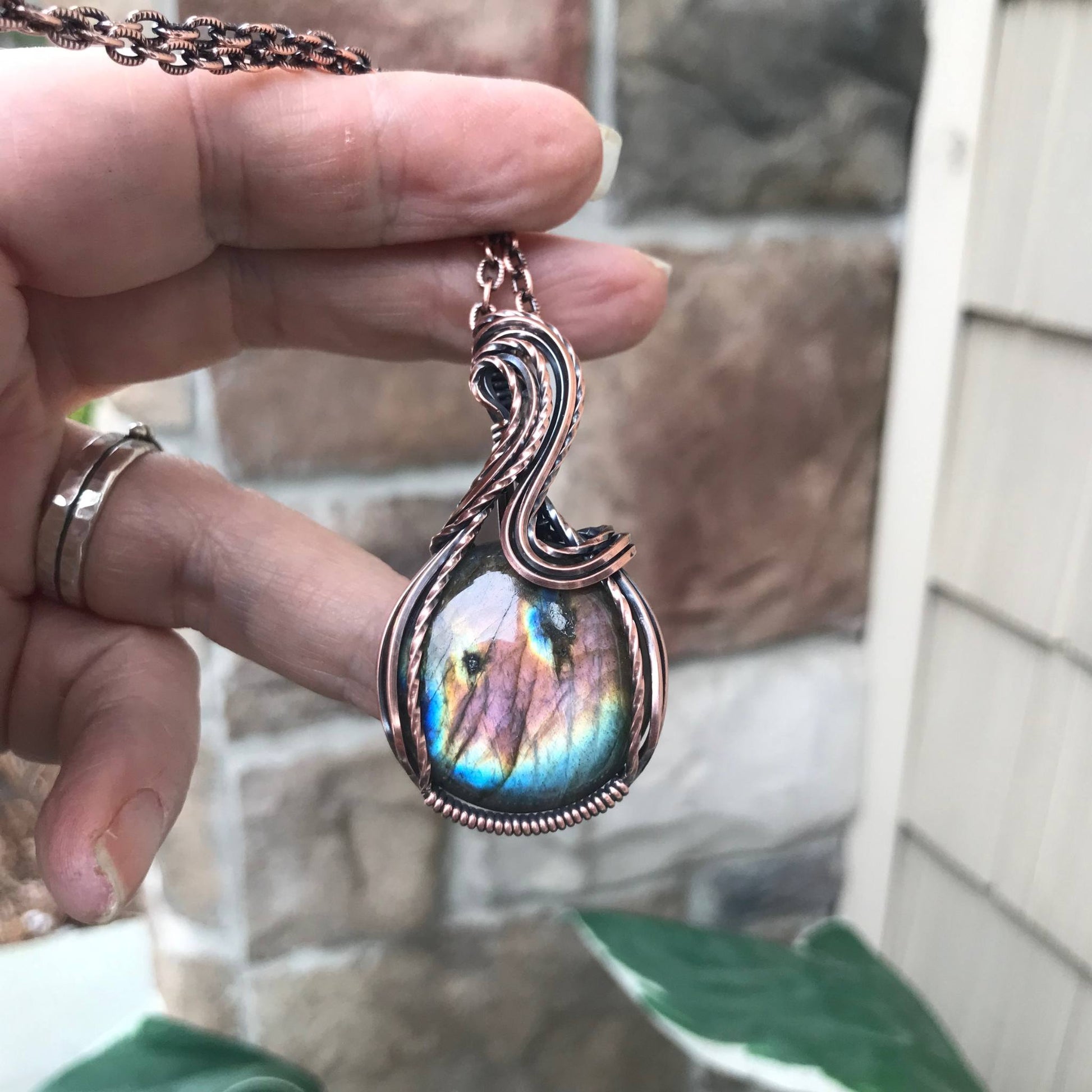 Rainbow Labradorite Copper Pendant with S-shaped Design