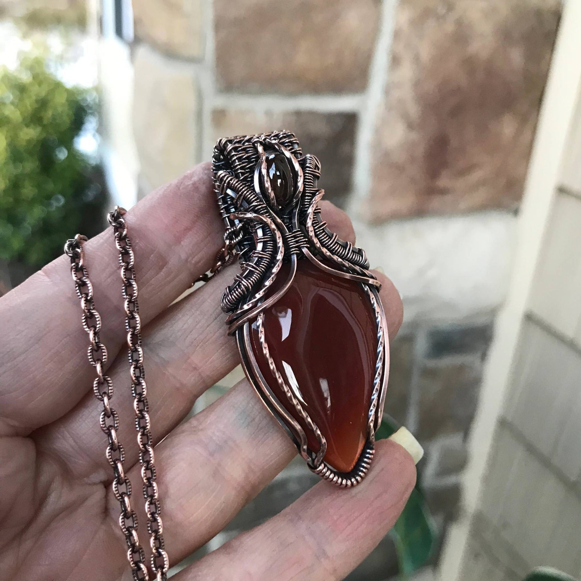 Reserved for K - Carnelian & Hessonite Garnet Woven Bail Copper Pendant