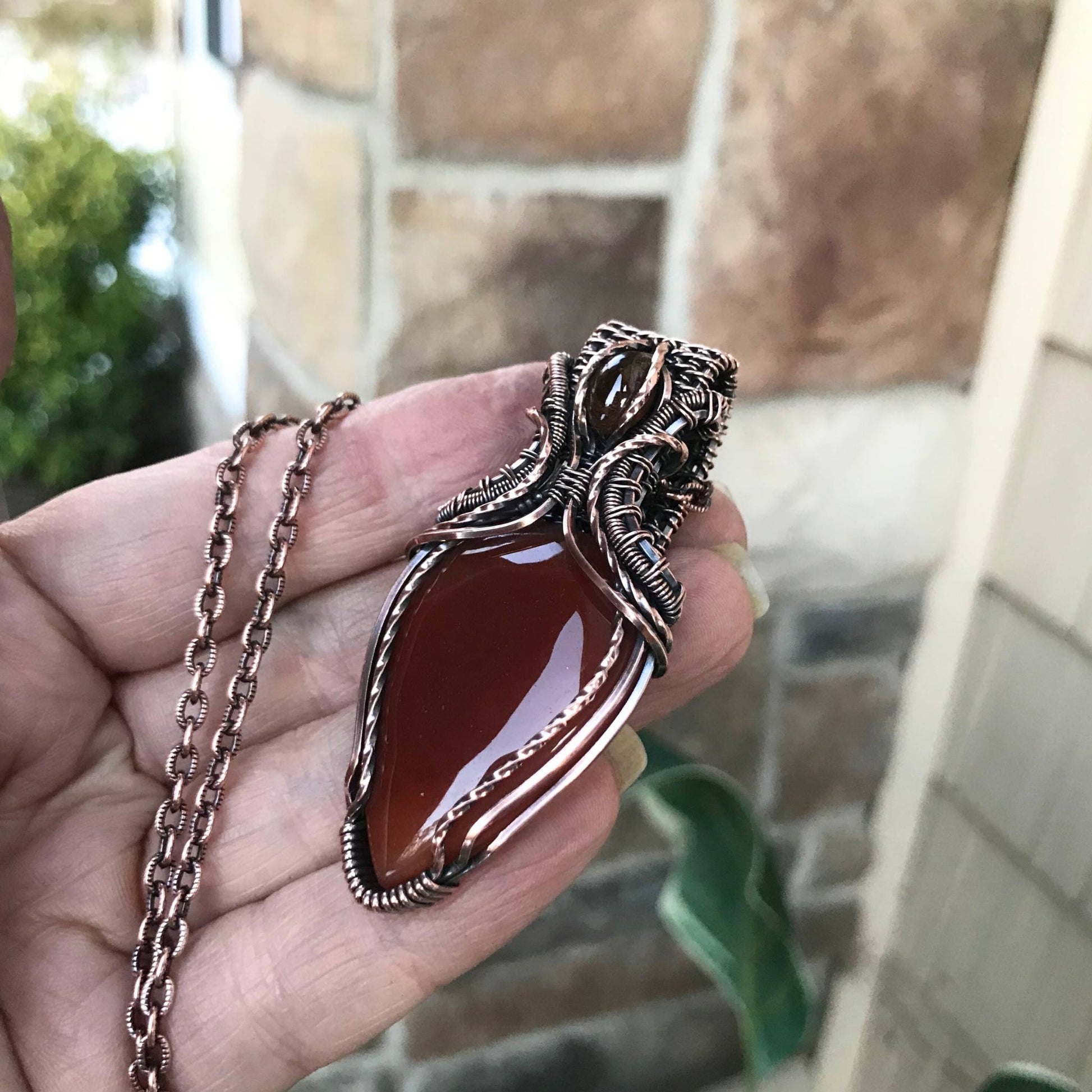 Reserved for K - Carnelian & Hessonite Garnet Woven Bail Copper Pendant