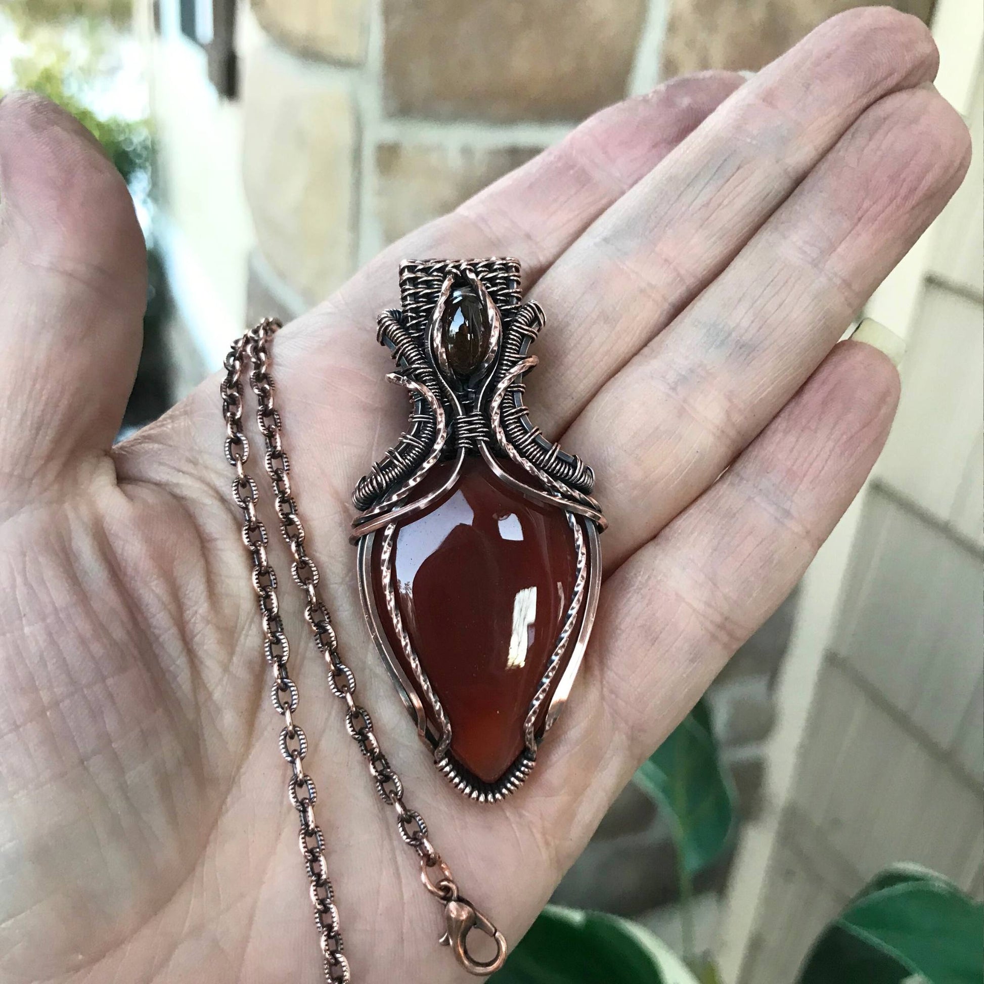 Reserved for K - Carnelian & Hessonite Garnet Woven Bail Copper Pendant