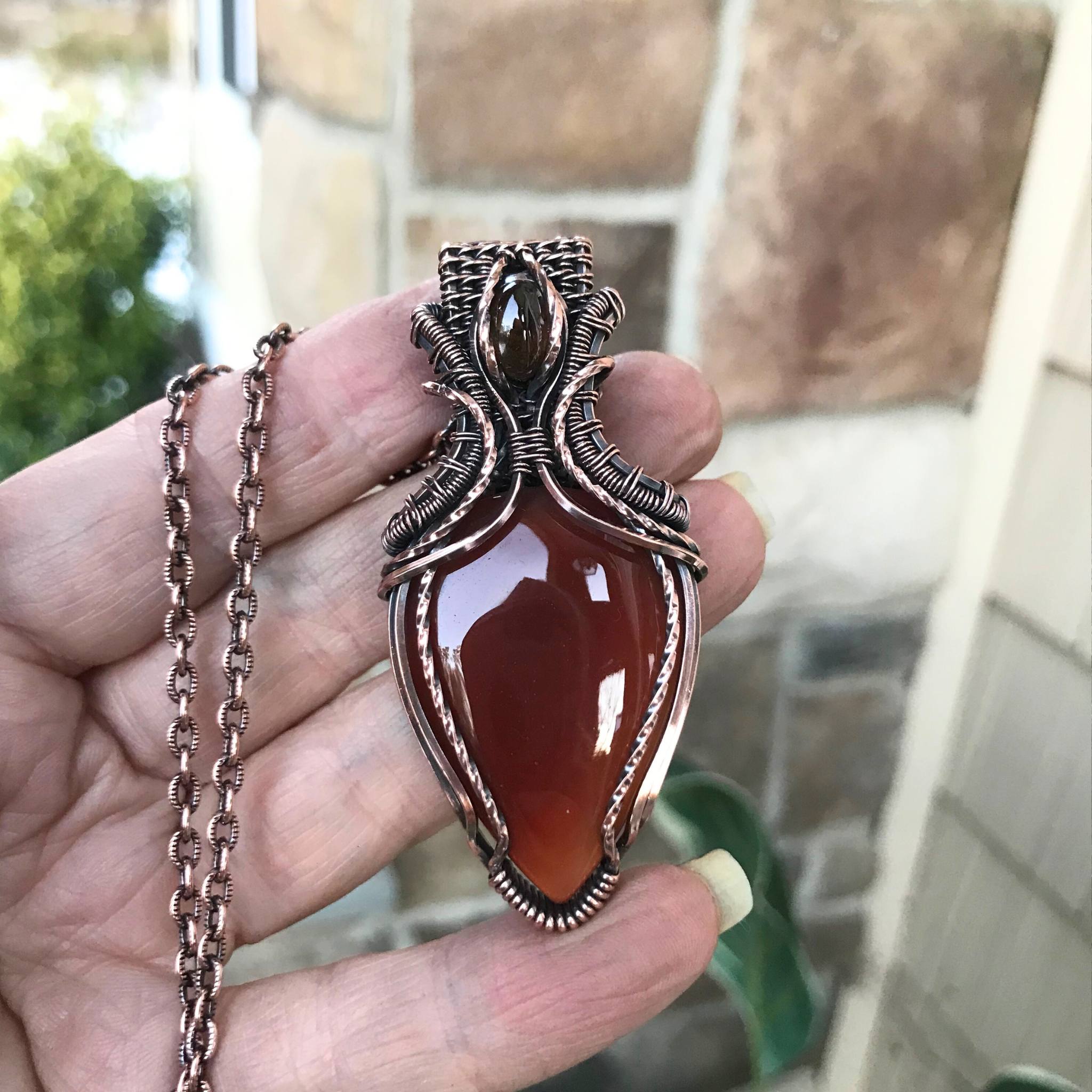 Reserved for K - Carnelian & Hessonite Garnet Woven Bail Copper Pendant