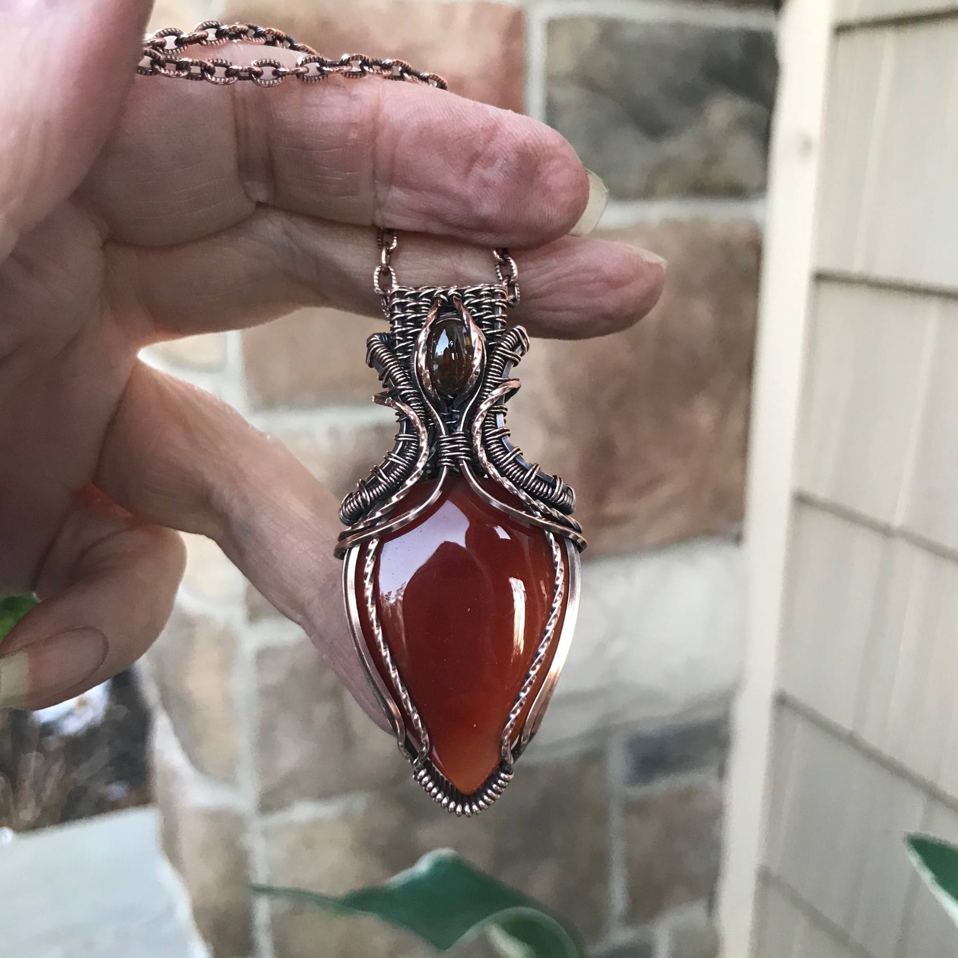 Reserved for K - Carnelian & Hessonite Garnet Woven Bail Copper Pendant