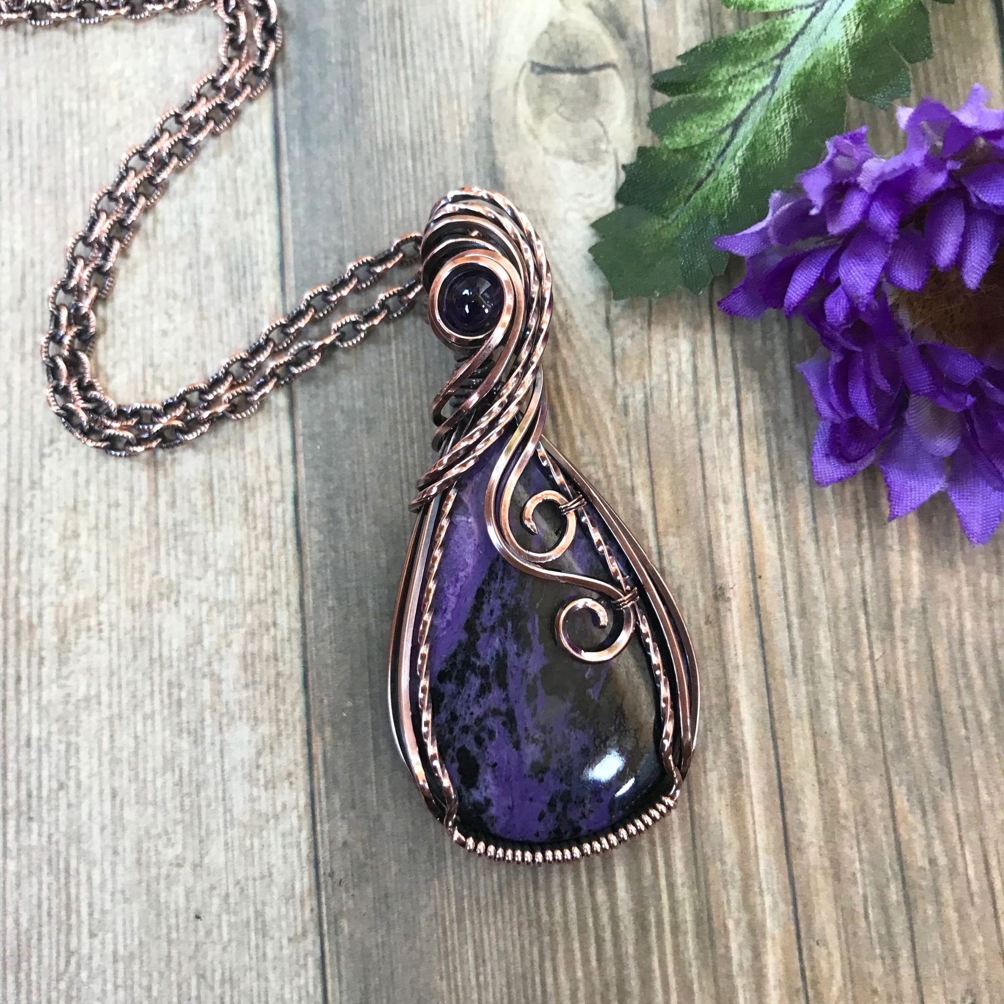 Charoite & Amethyst Copper Pendant