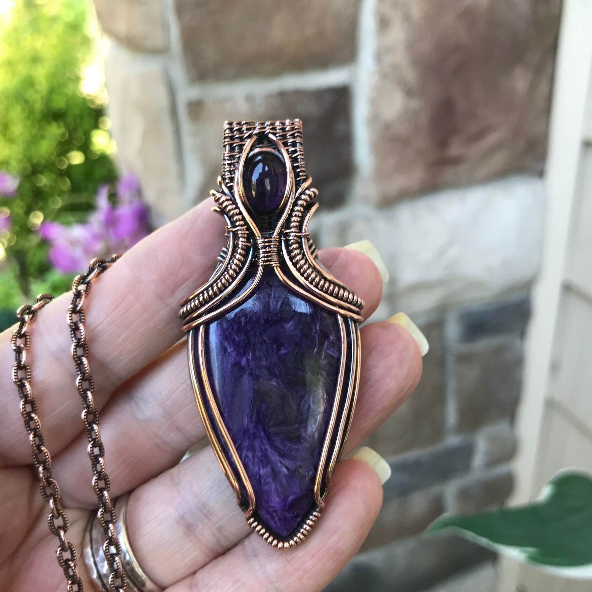 Charoite & Amethyst Copper Necklace with Woven Bail