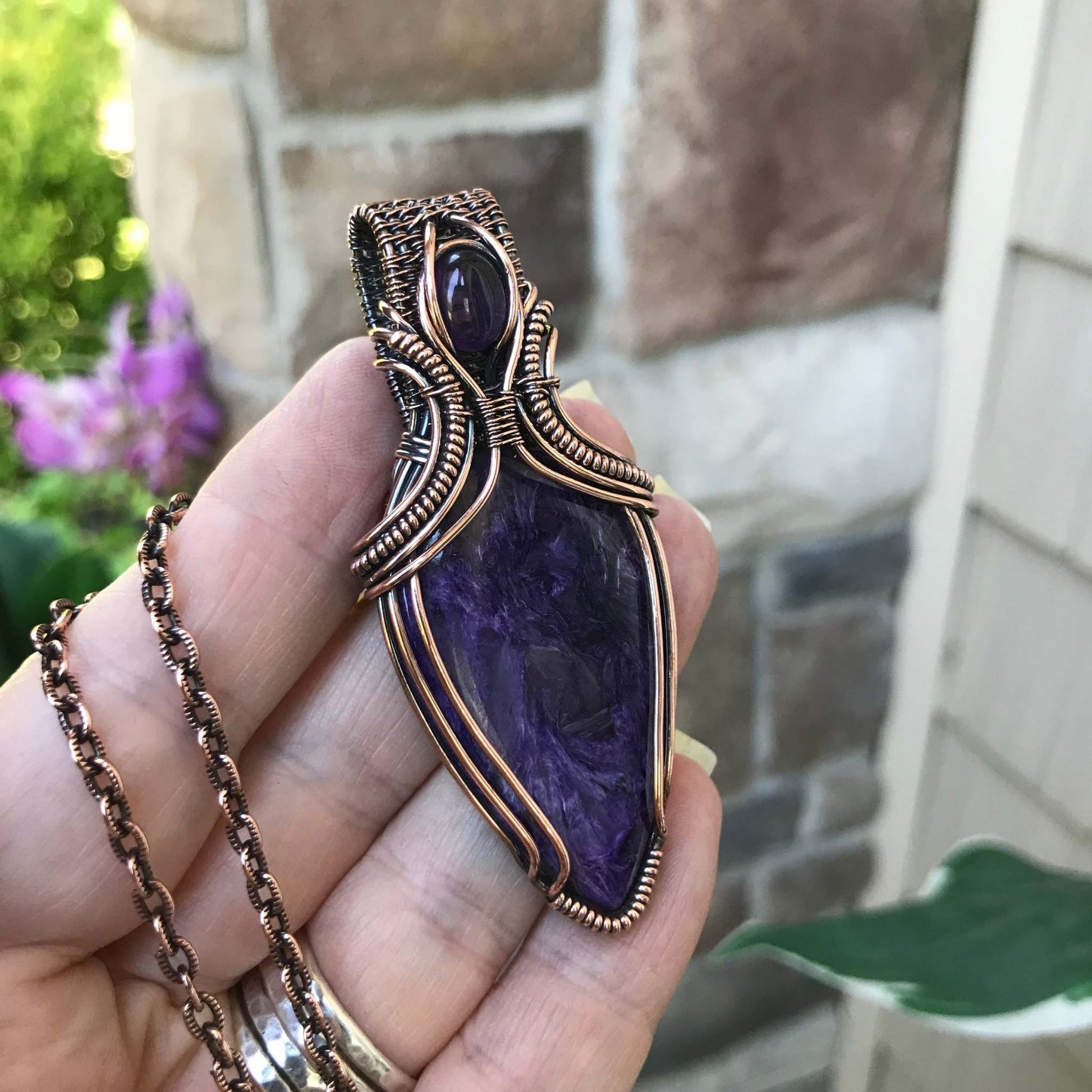 Charoite & Amethyst Copper Necklace with Woven Bail