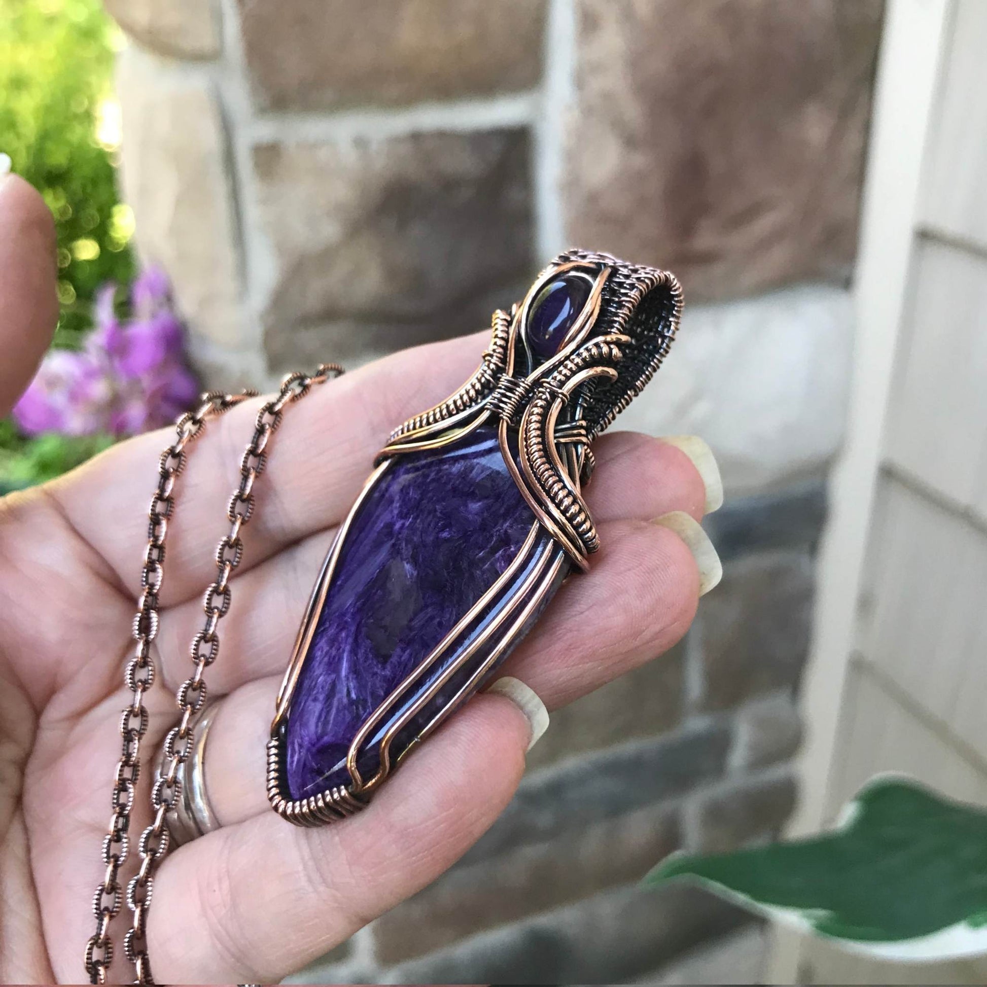 Charoite & Amethyst Copper Necklace with Woven Bail