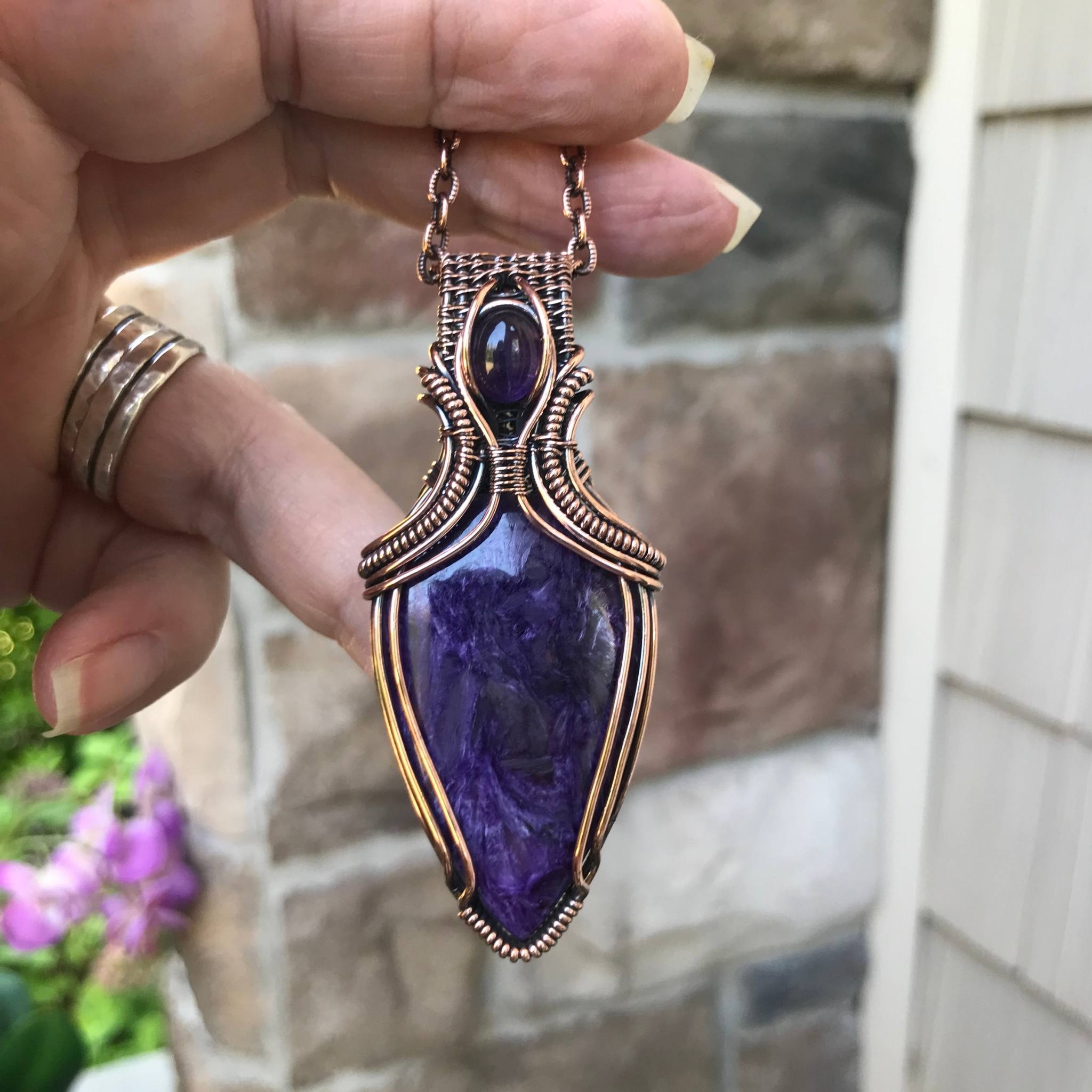 Charoite and amethyst copper wire wrapped pendant with woven bail