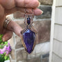 Charoite and amethyst copper wire wrapped pendant with woven bail