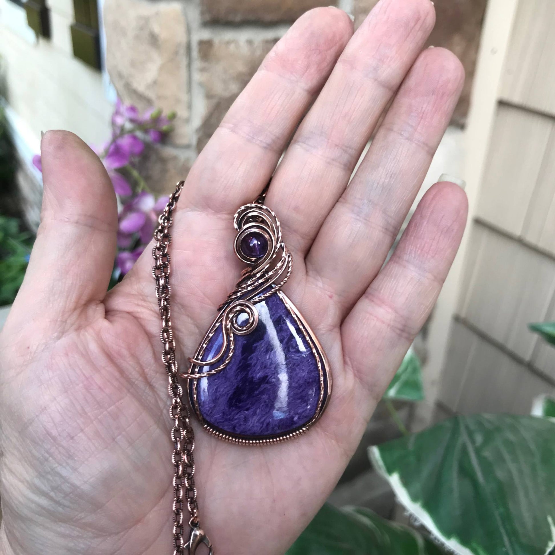 charoite amethyst wire wrapped copper pendant