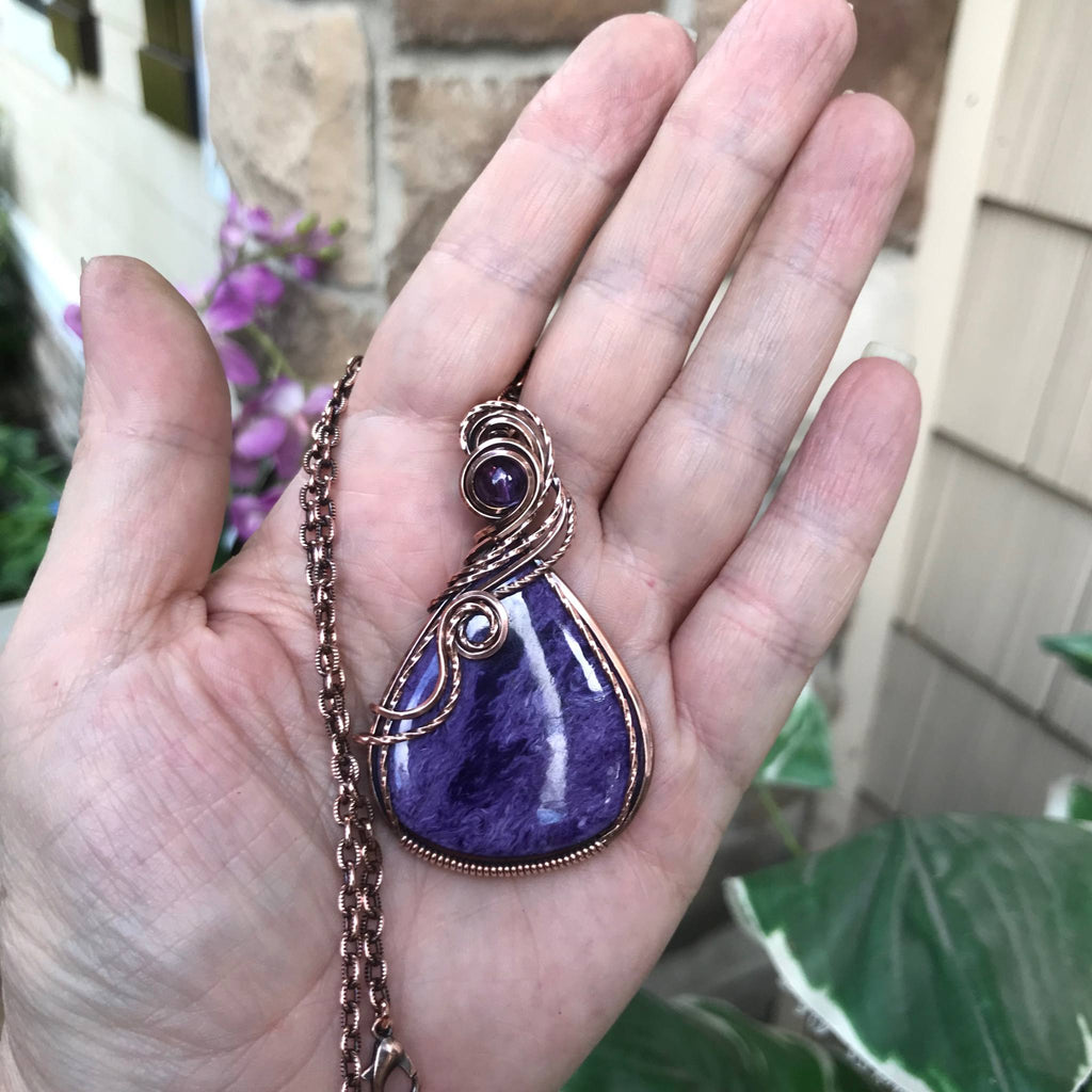 charoite amethyst wire wrapped copper pendant