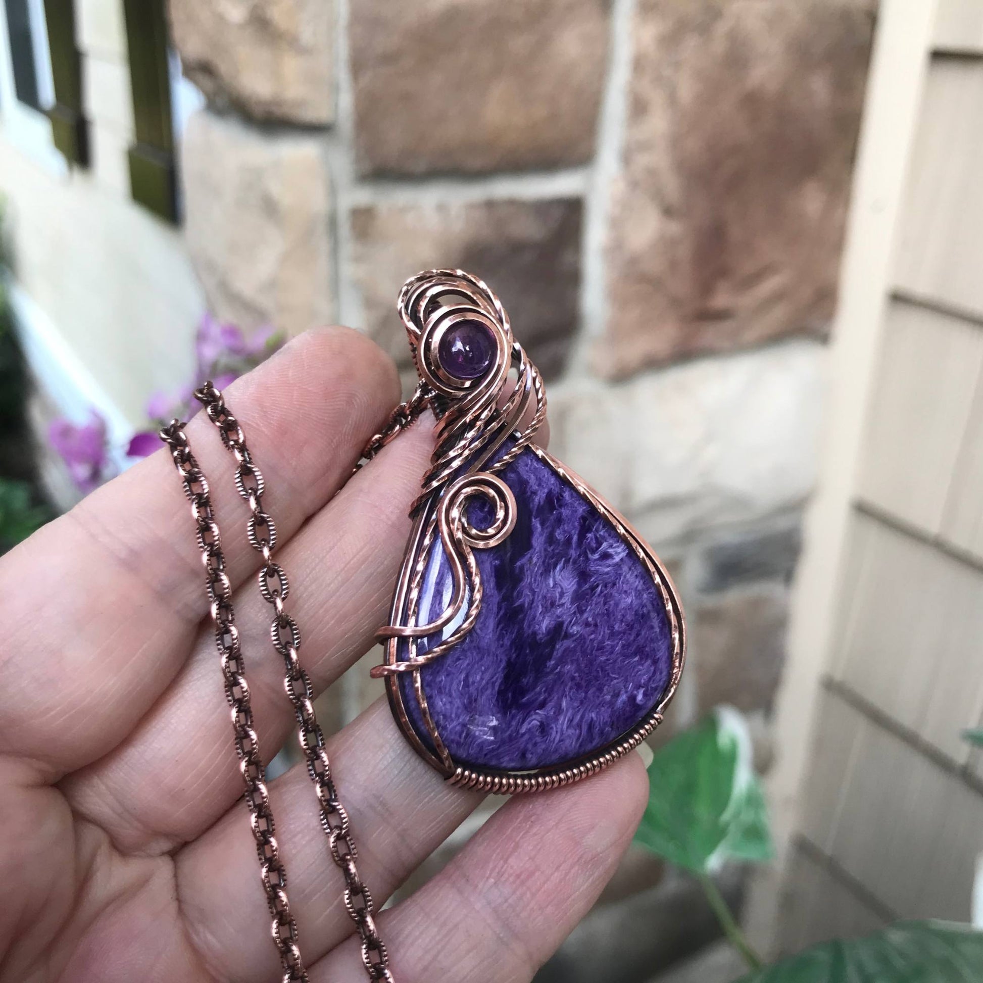 charoite amethyst wire wrapped copper pendant