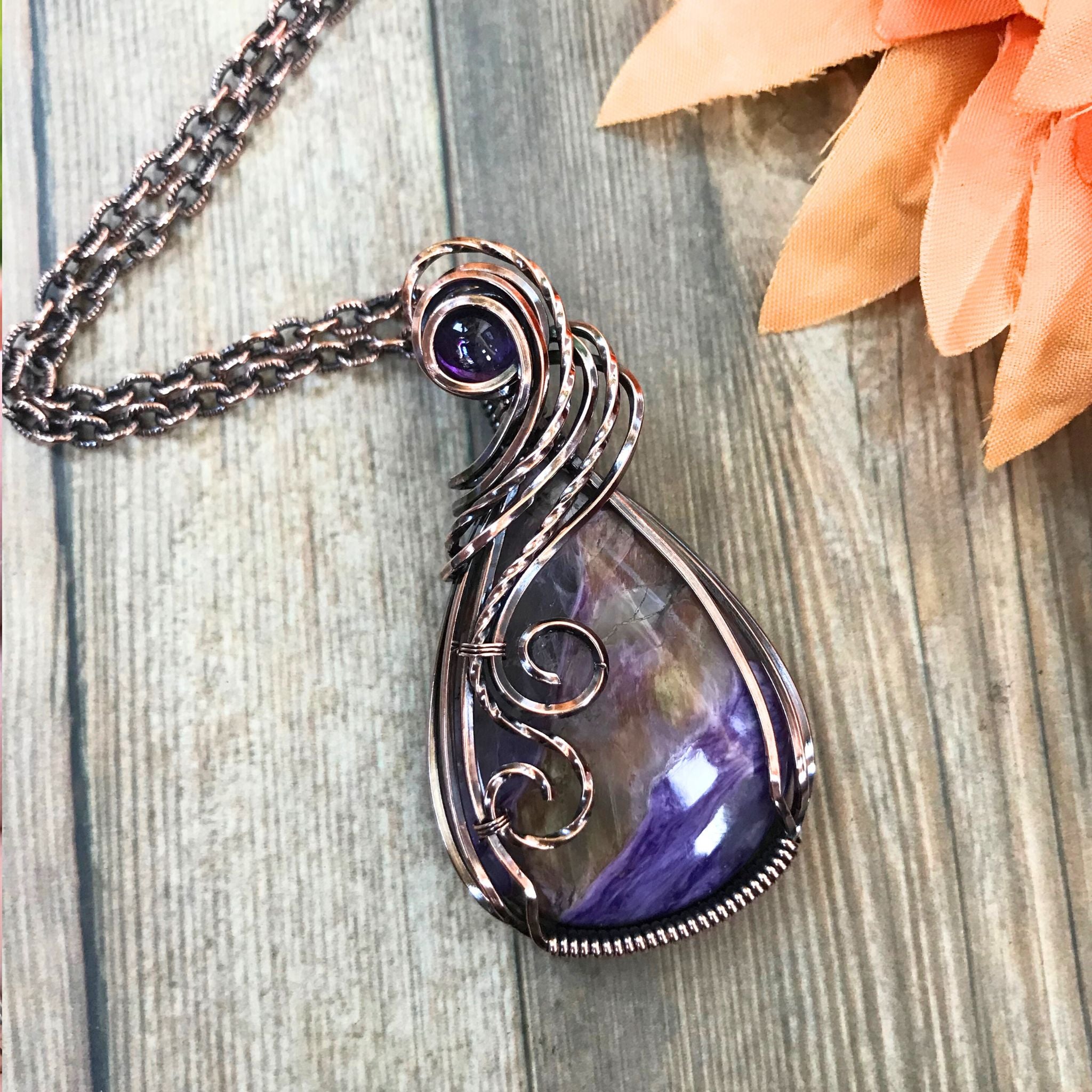 Charoite & Amethyst Swirl Copper Necklace