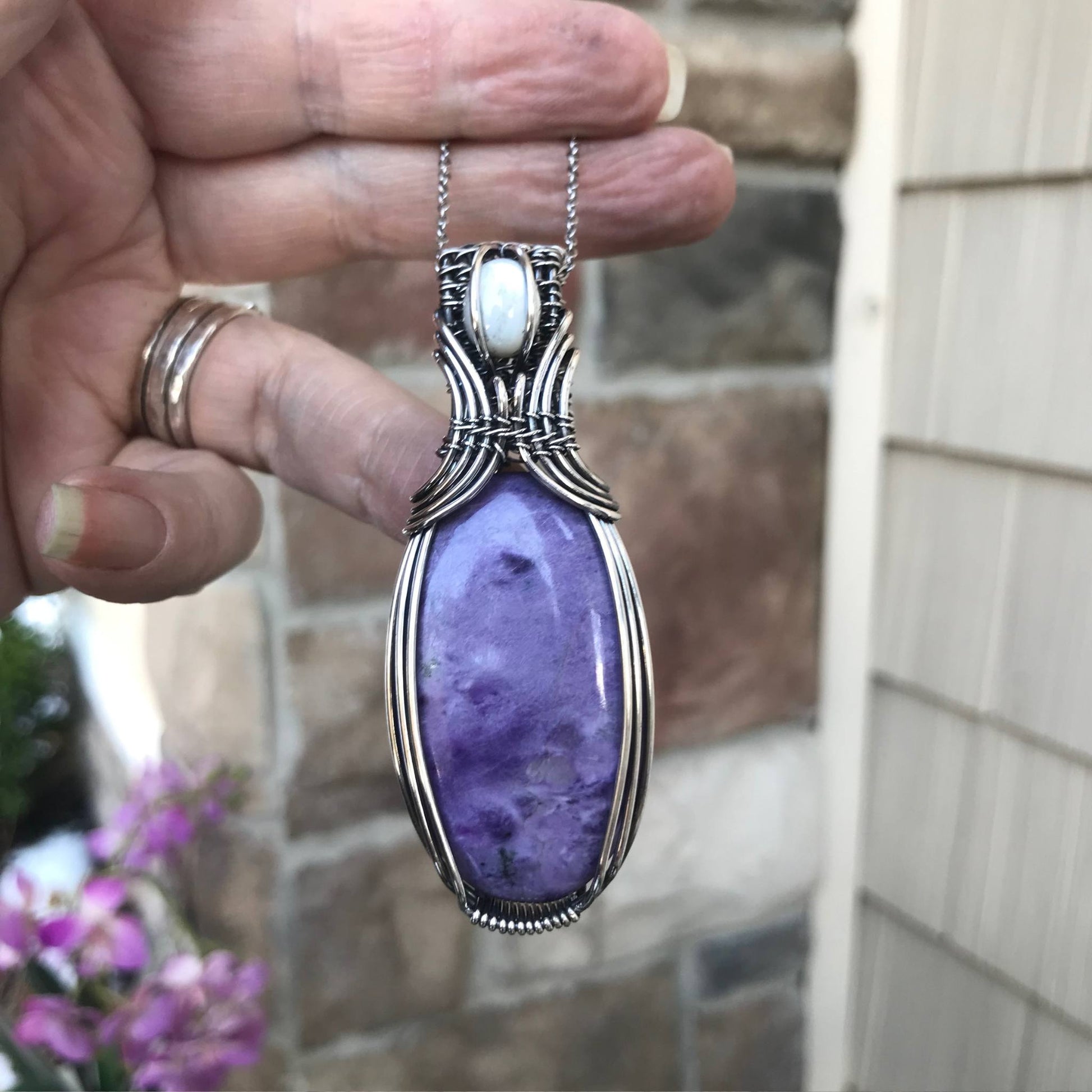 Charoite & Mother of Pearl Oval Sterling Silver Necklace