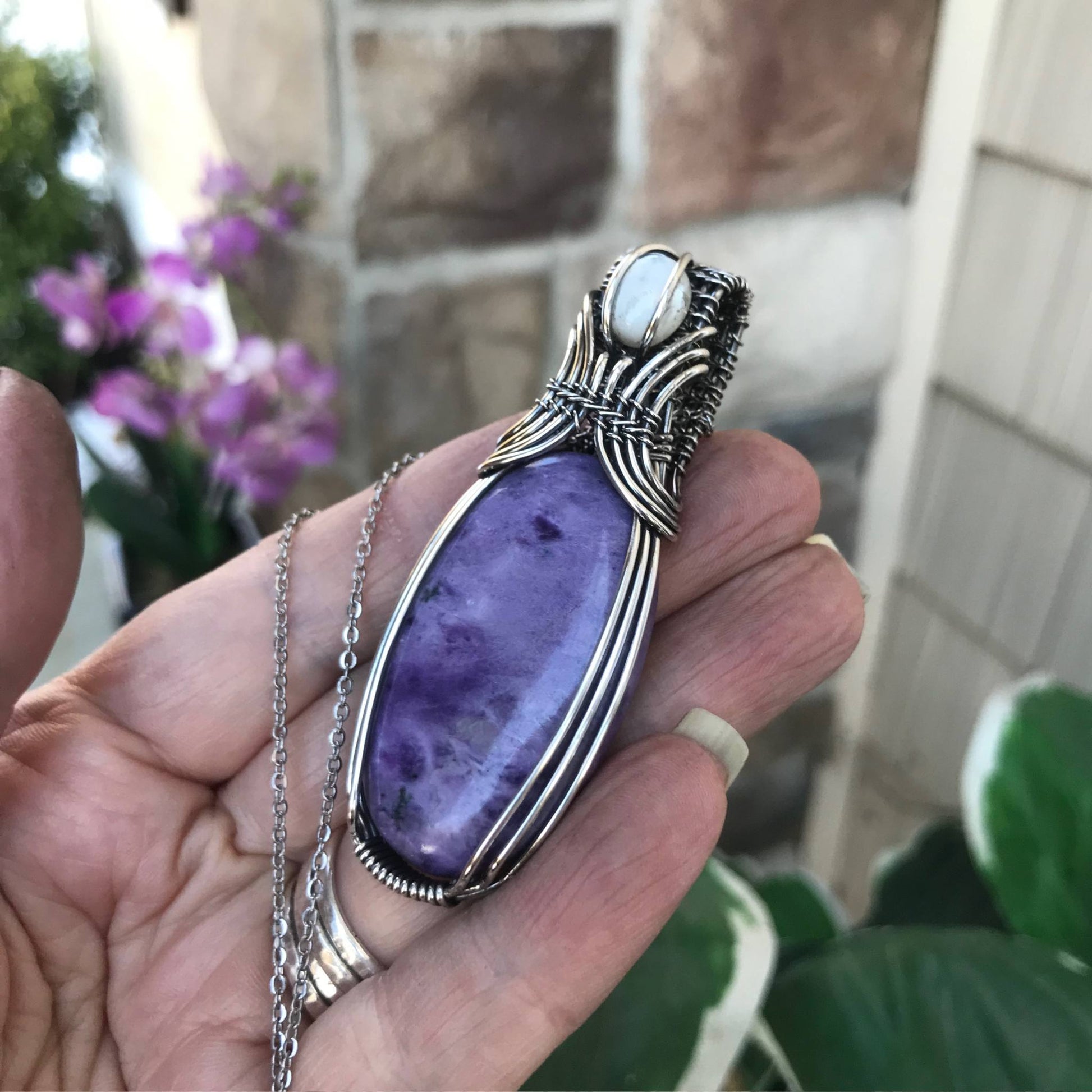 Charoite & Mother of Pearl Oval Sterling Silver Necklace