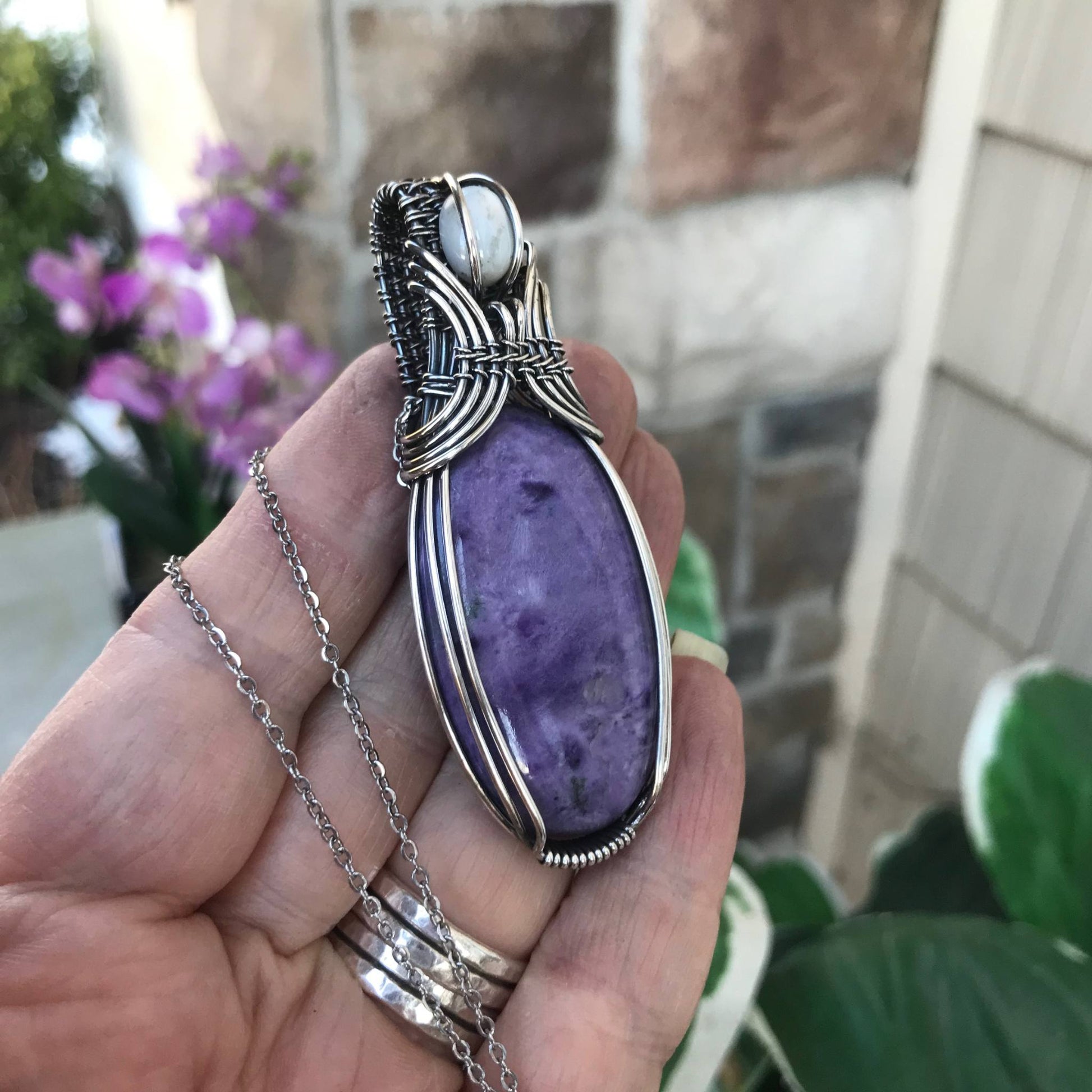 Charoite & Mother of Pearl Oval Sterling Silver Necklace