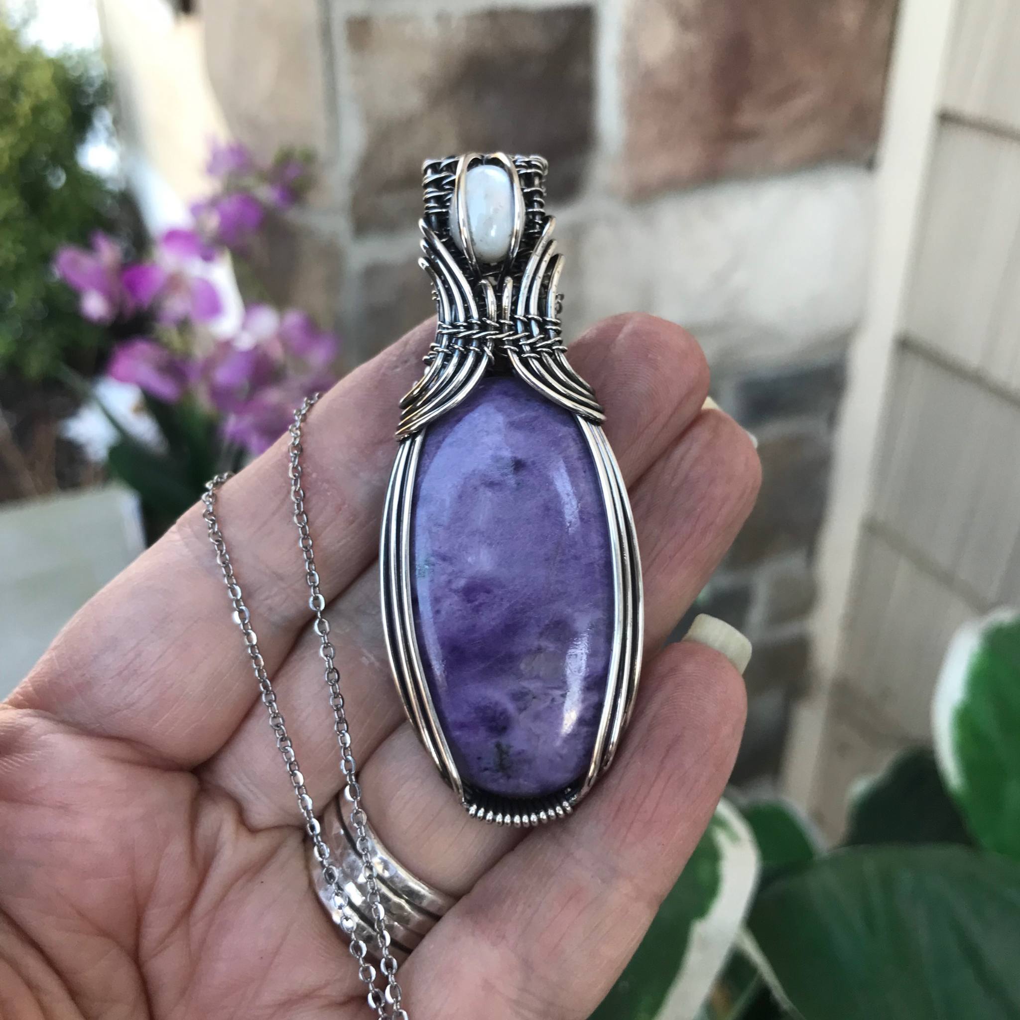 Charoite & Mother of Pearl Oval Sterling Silver Necklace