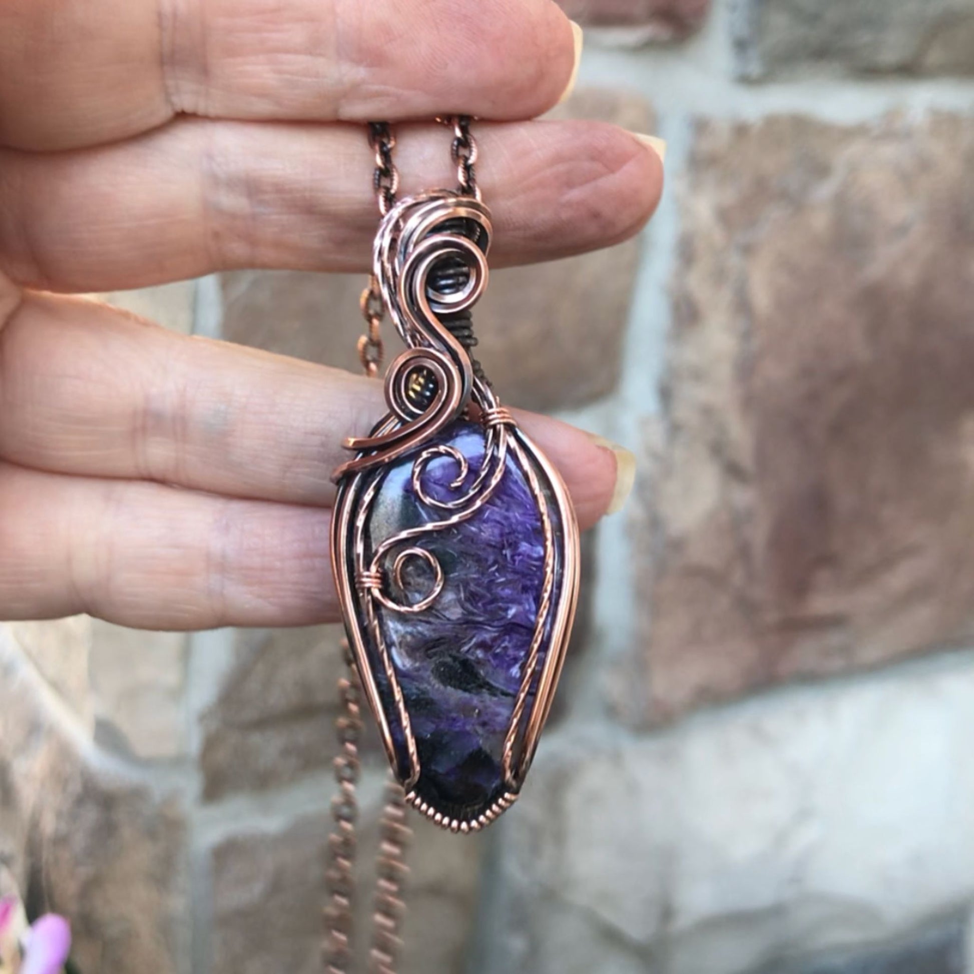 charoite textured swirl copper pendant