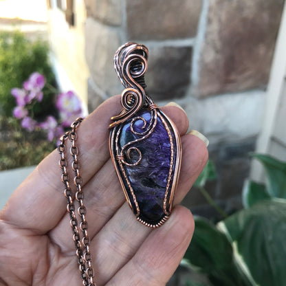 charoite textured swirl copper pendant