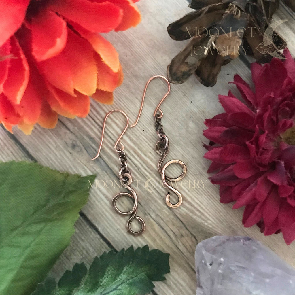 copper swirl dangle earrings moonlet jewelry