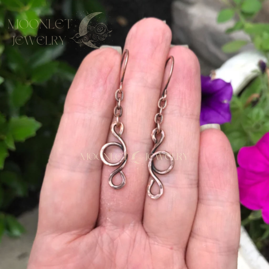 copper swirl dangle earrings moonlet jewelry