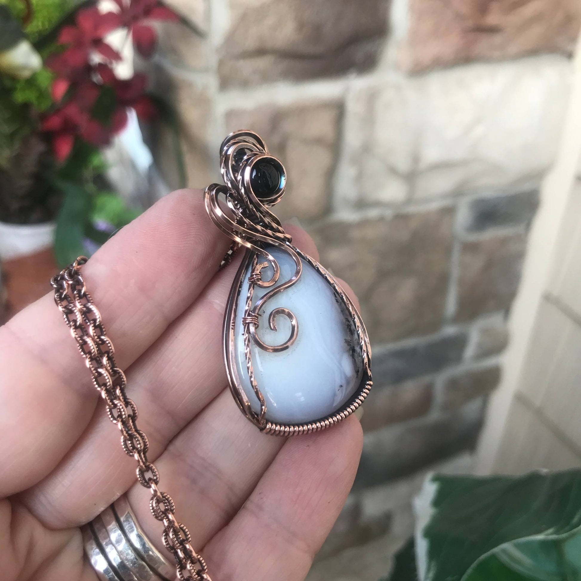 dendritic agate opal and black onyx copper wire wrapped pendant necklace by Moonlet Jewelry