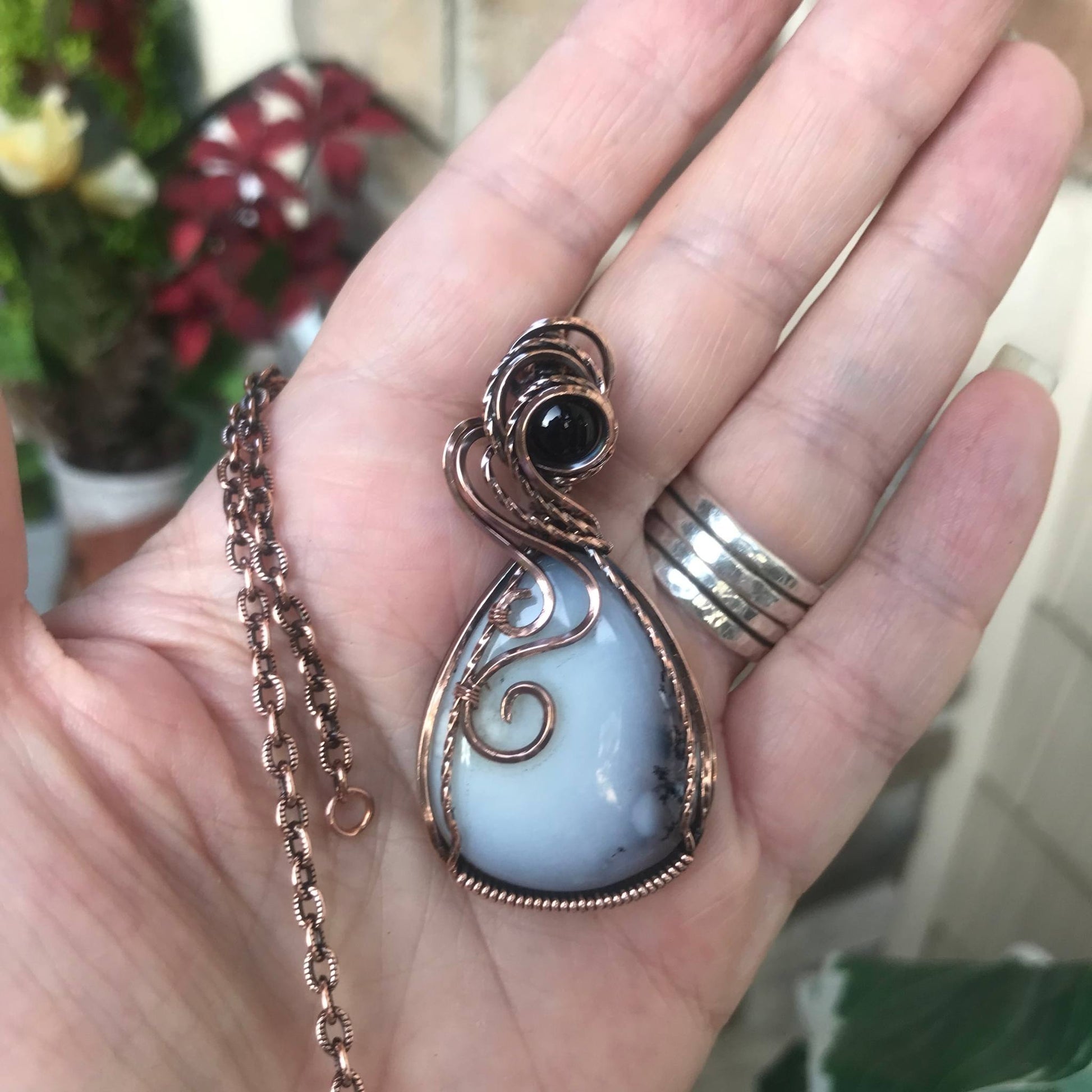 dendritic agate opal and black onyx copper wire wrapped pendant necklace by Moonlet Jewelry
