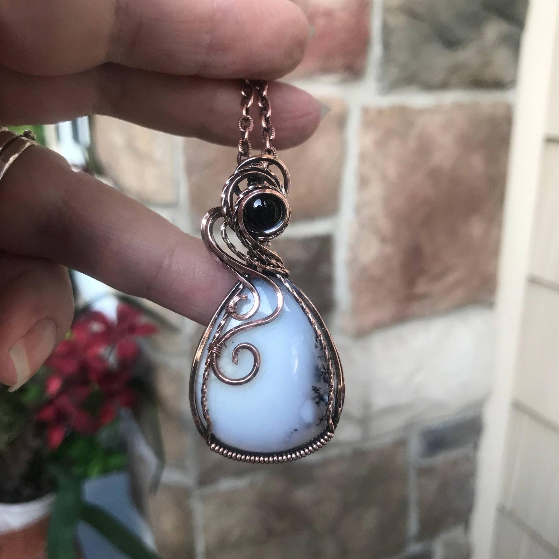 dendritic agate opal and black onyx copper wire wrapped pendant necklace by Moonlet Jewelry