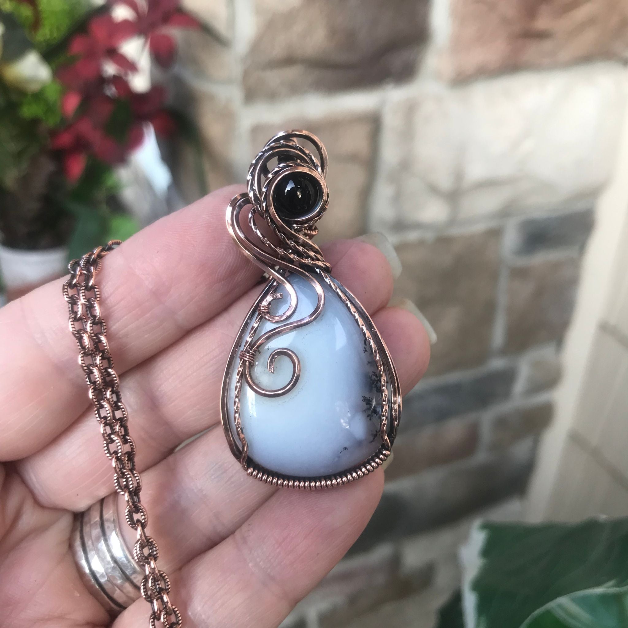 dendritic agate opal and black onyx copper wire wrapped pendant necklace by Moonlet Jewelry