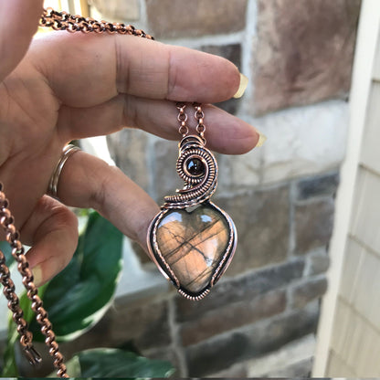 Amber Brown Labradorite & Garnet Heart Copper Necklace
