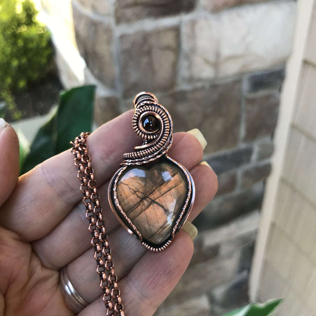 amber brown labradorite & garnet copper heart shaped pendant