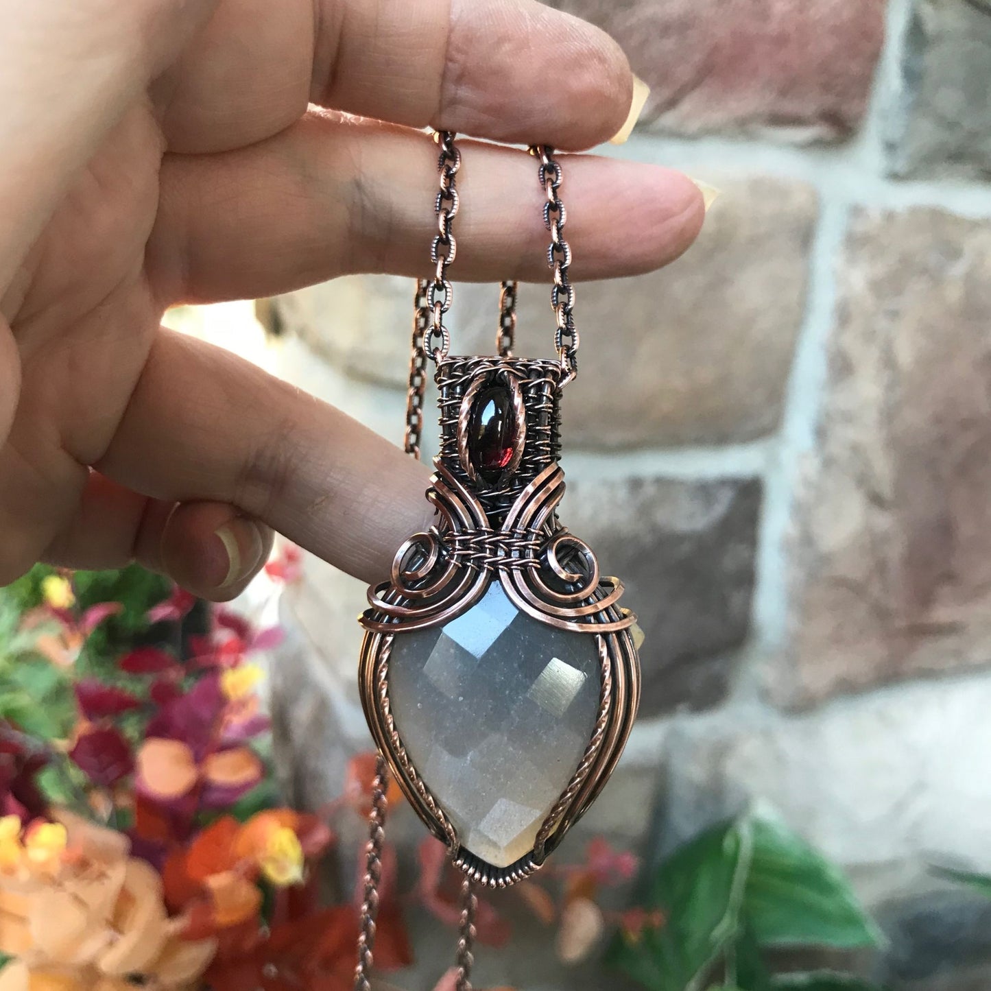 gray faceted moonstone & garnet copper necklace moonlet jewelry