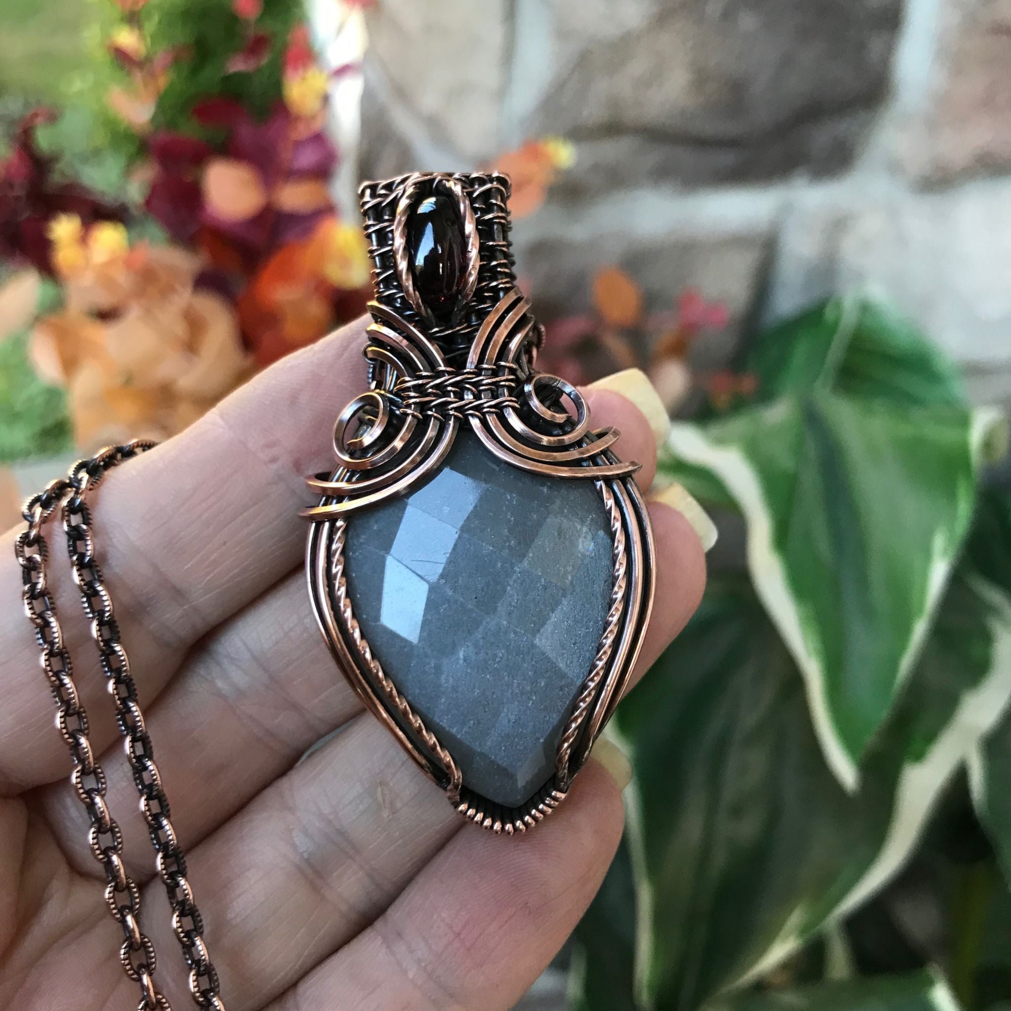 gray faceted moonstone & garnet copper necklace moonlet jewelry