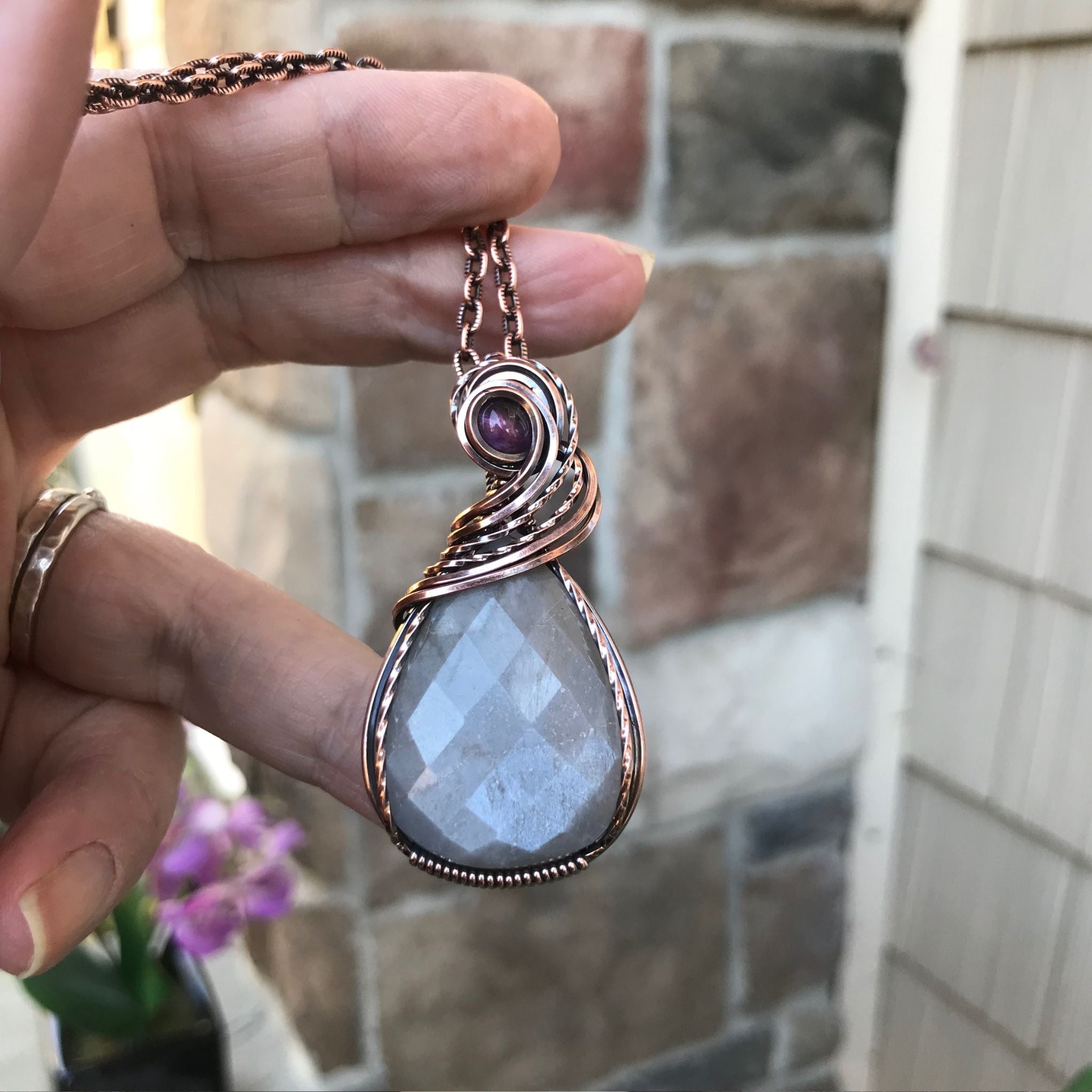 Gray Faceted Moonstone & Amethyst Copper Pendant