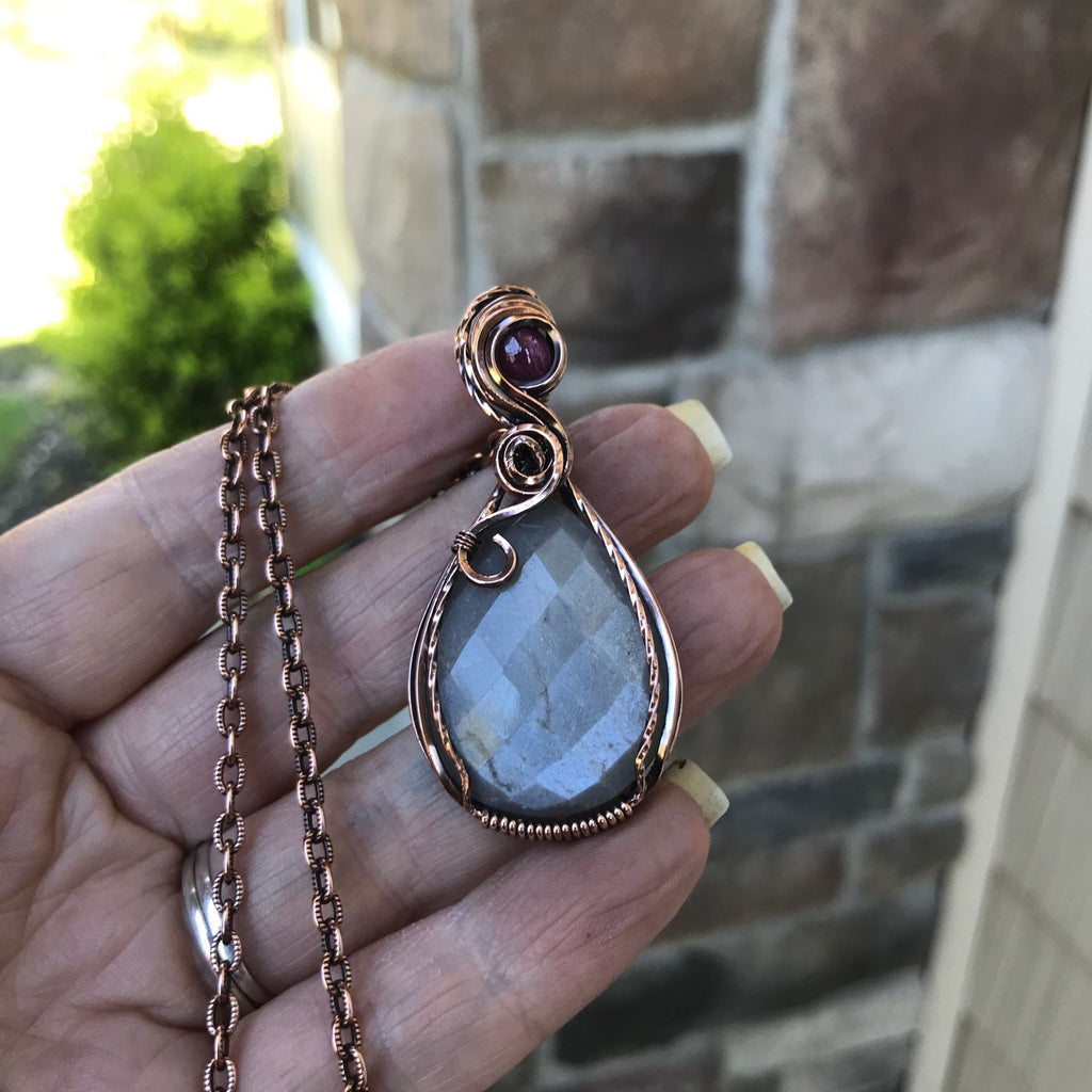 gray moonstone ruby copper pendant