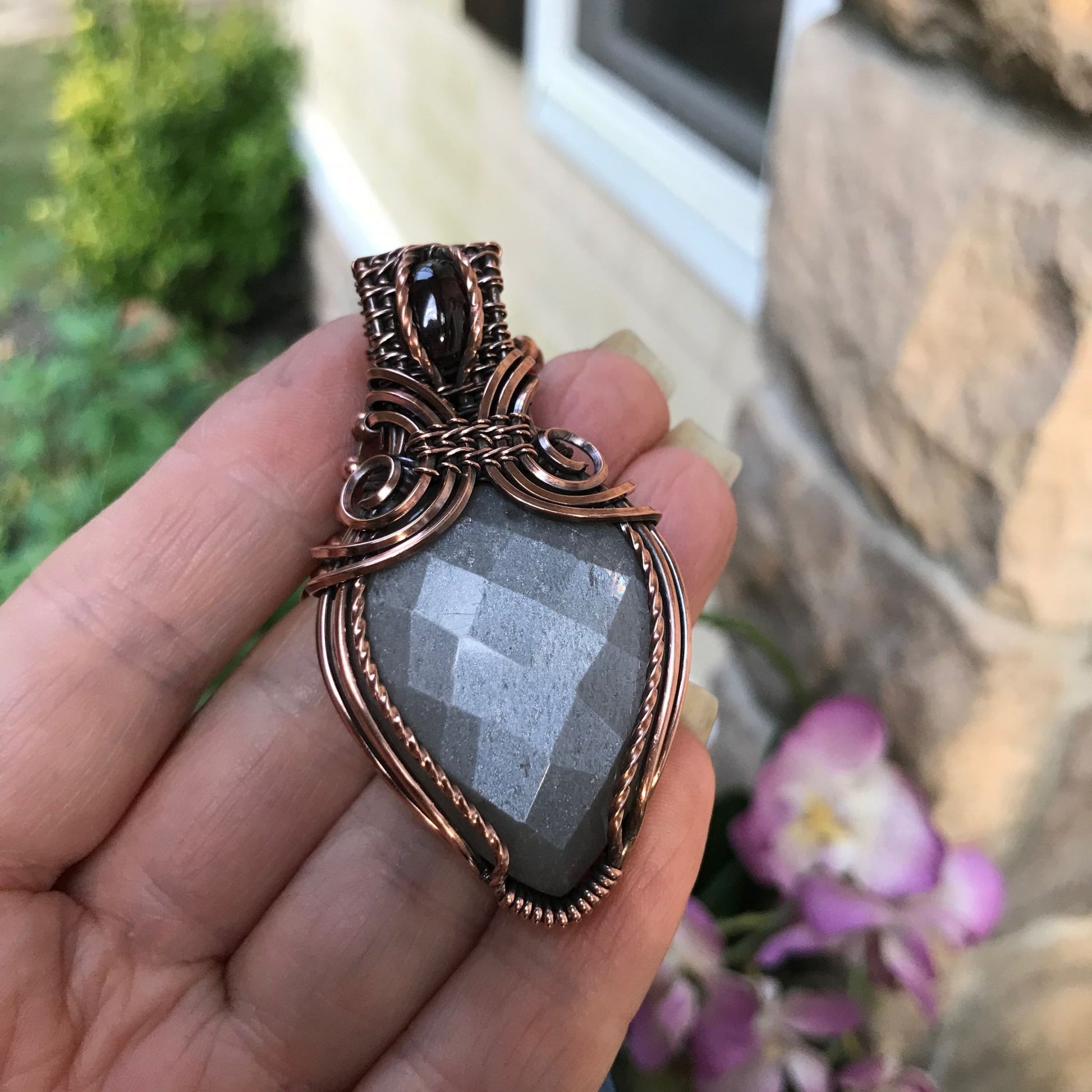 gray moonstone & garnet copper necklace moonlet jewelry