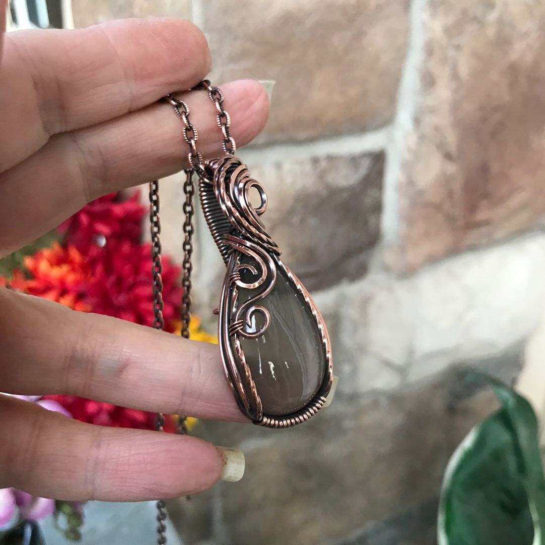 gray moonstone swirly copper wire wrapped pendant
